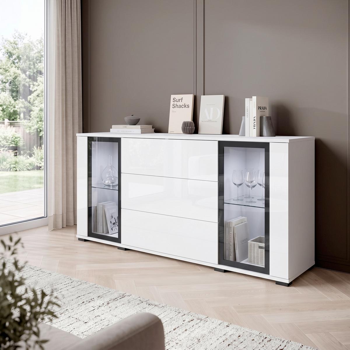 Tálalószekrény Caro 150 - fehér/magasfényű fehér, Design, műanyag/faalapú anyag (150/69,7/39,5cm) - P & B