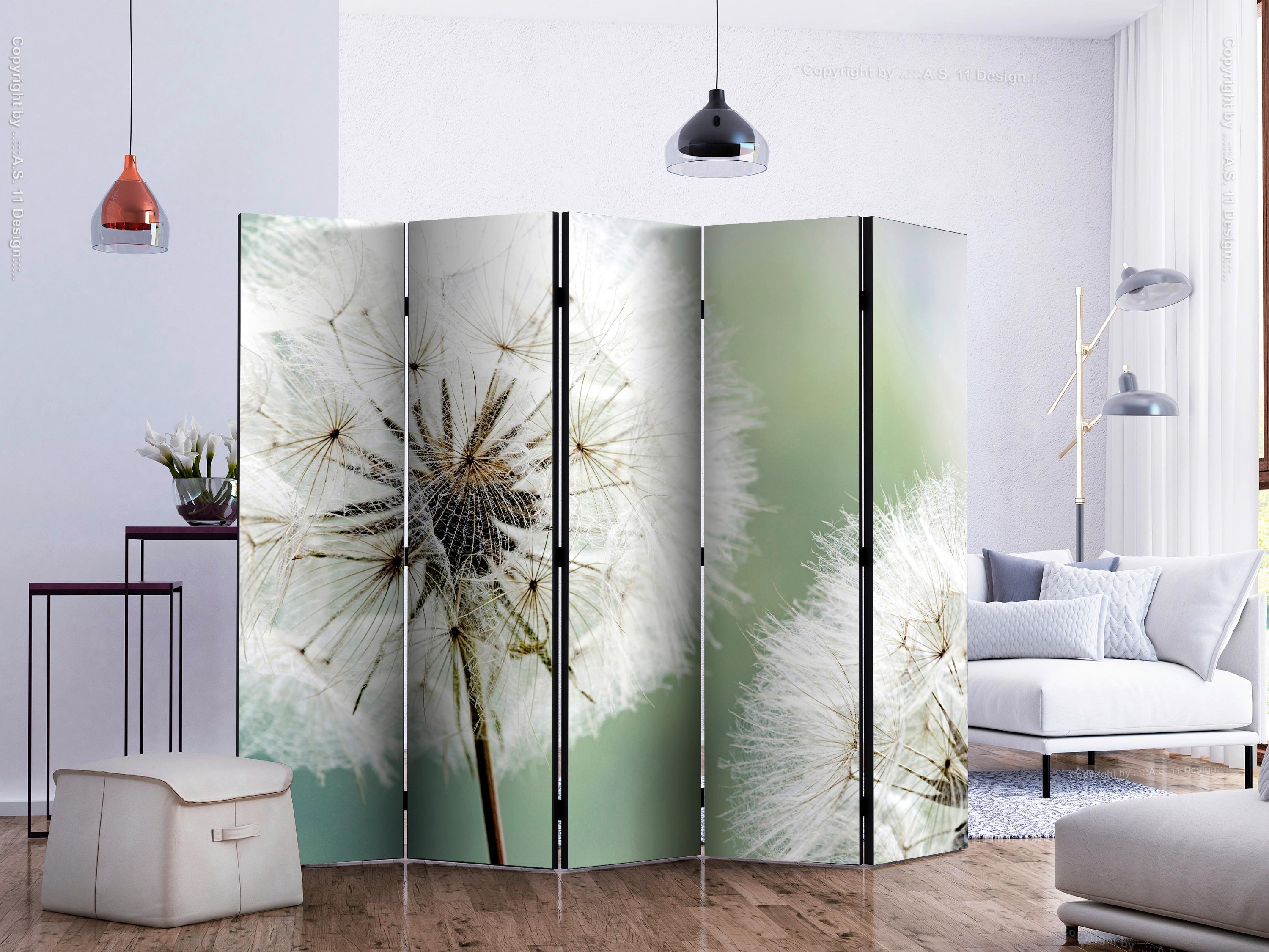 Paravan Two Dandelions I, 5-Delni, Dvostranski - bela/žajbljevo zelena, Basics, tekstil/les (225/172/3cm) - artgeist