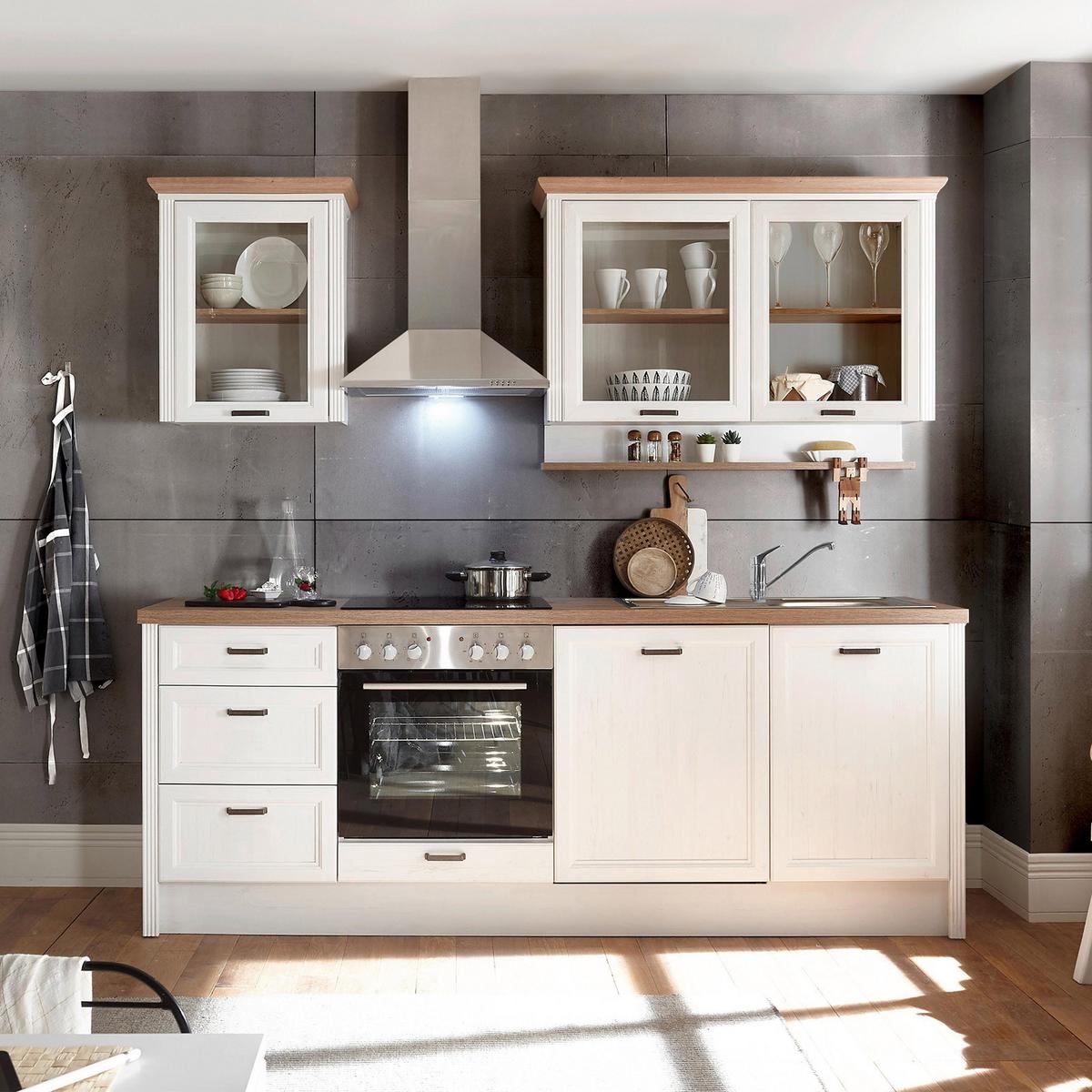 Küchenblock Jasmin mit Geräten ca. 235 cm Pienienfarben/Eiche - Anthrazit/Eiche Artisan, ROMANTIK / LANDHAUS, Glas/Holzwerkstoff (235cm) - P & B