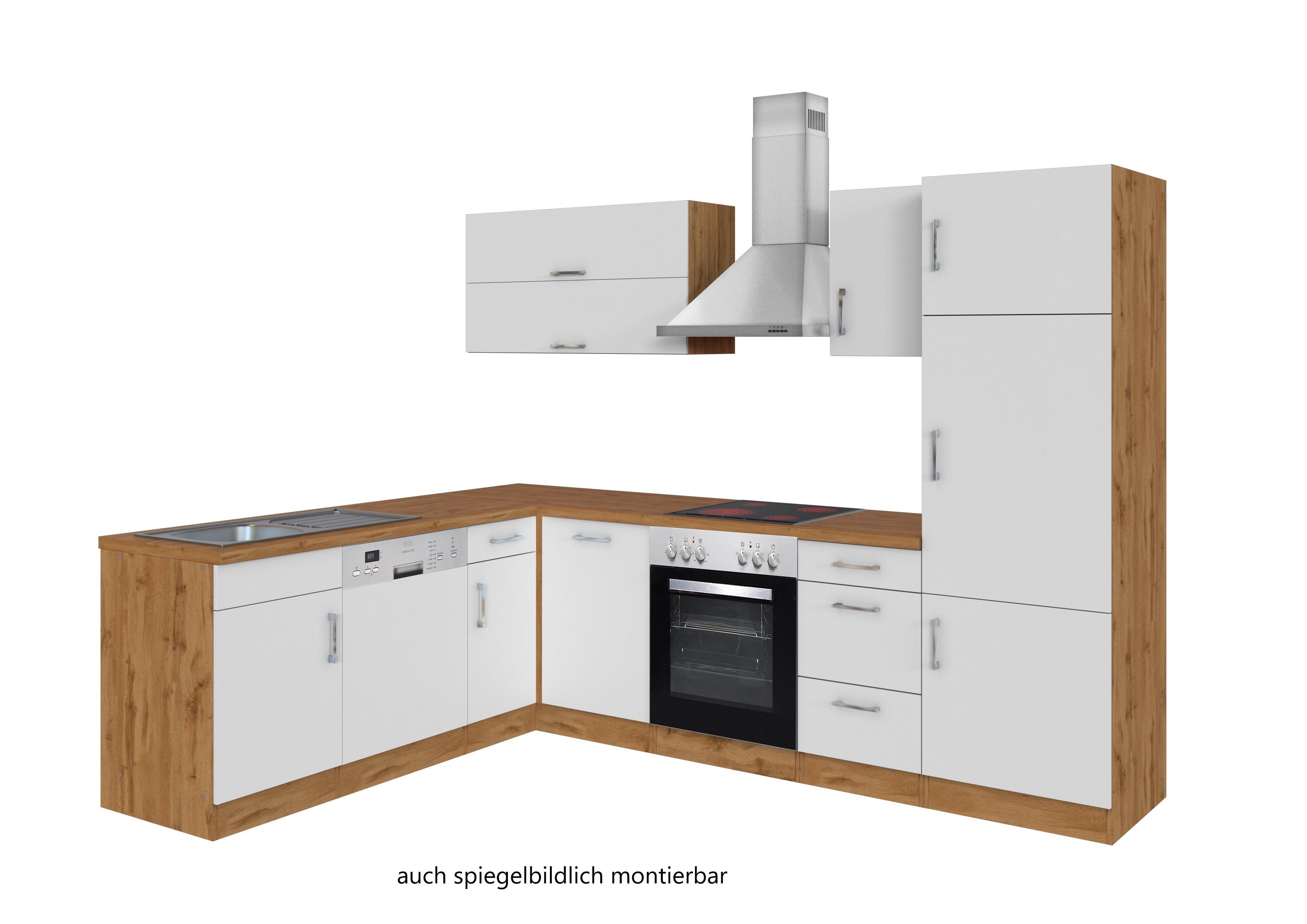 Eckküche Winkelblock mit Geräten ca. 210x270 cm Weiß - Chromfarben/Eiche Wotan, MODERN, Holzwerkstoff/Metall (210/270cm) - Held