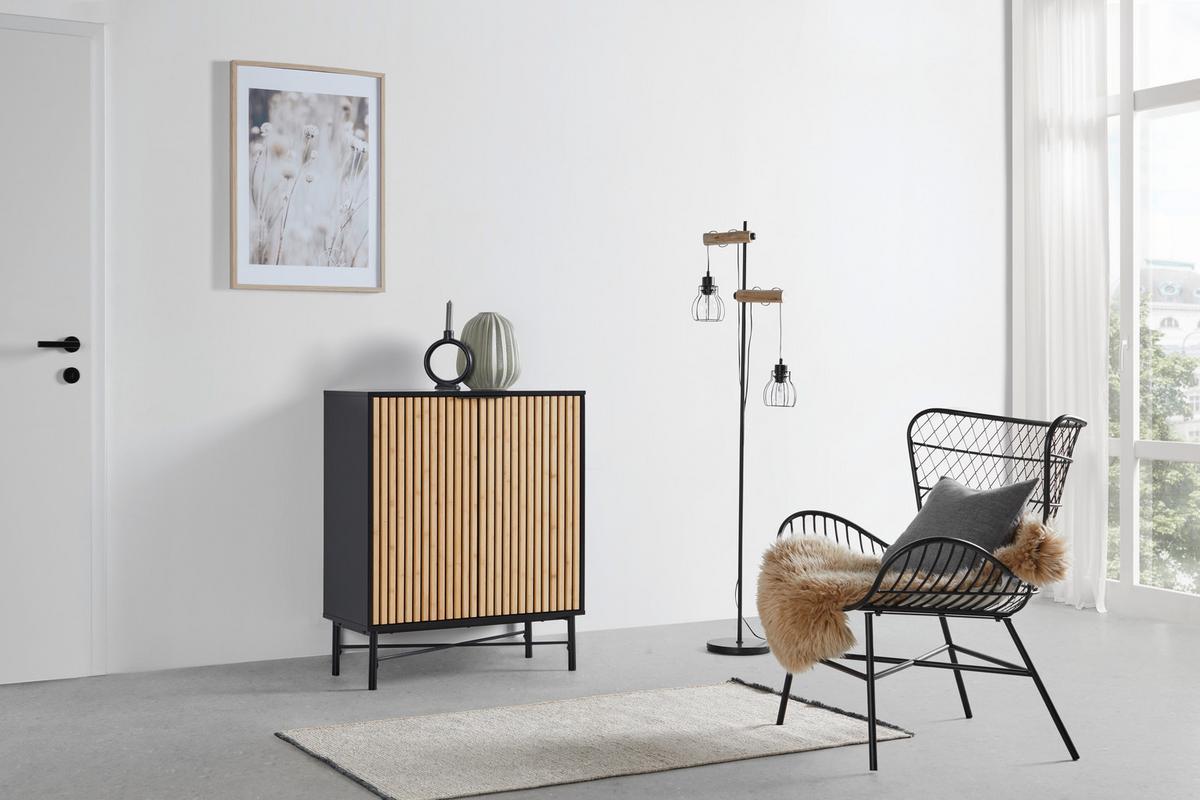 Kommode Madrid Schwarz/Naturfarben massiv - Eichefarben/Schwarz, Modern, Holz/Holzwerkstoff (76/90/35cm) - Mömax