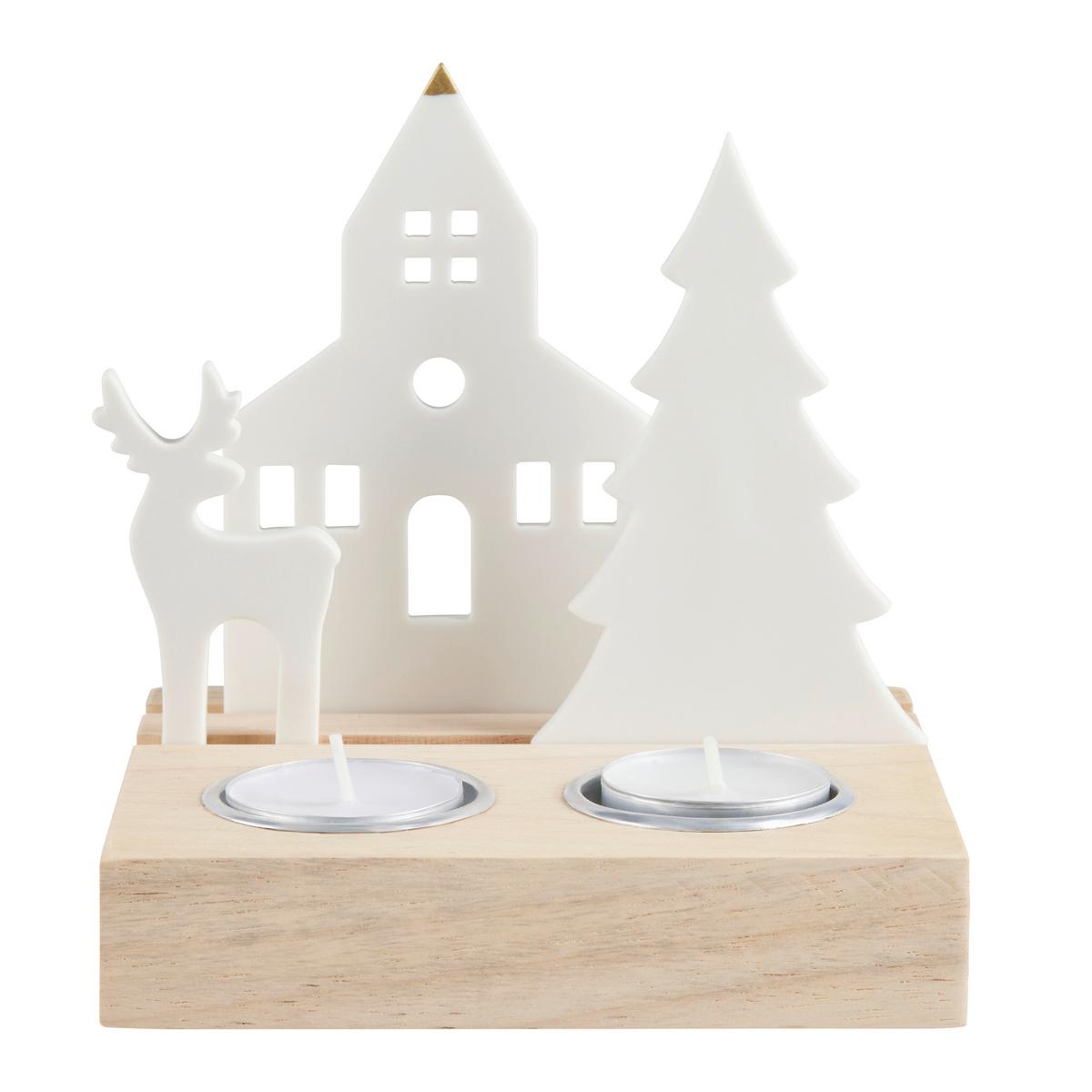 Kerzenhalter Emma Weiß/Naturfarben - Naturfarben/Weiß, KONVENTIONELL, Holz/Keramik (12/14,5/14cm) - Modern Living