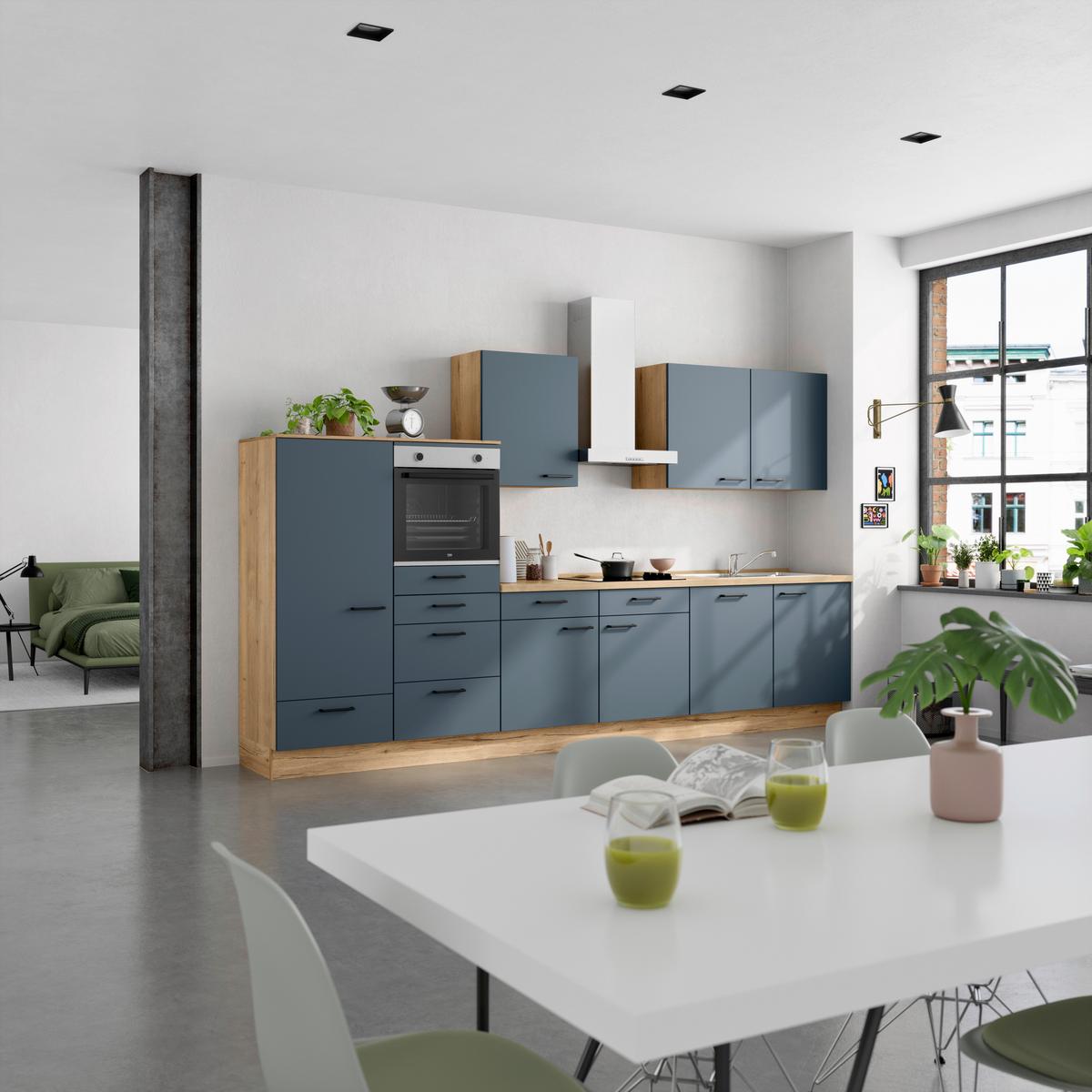 Küchenblock Easytouch Low m. Geräten Blau - Blau/Eichefarben, MODERN, Holzwerkstoff/Metall (360cm) - Nobilia