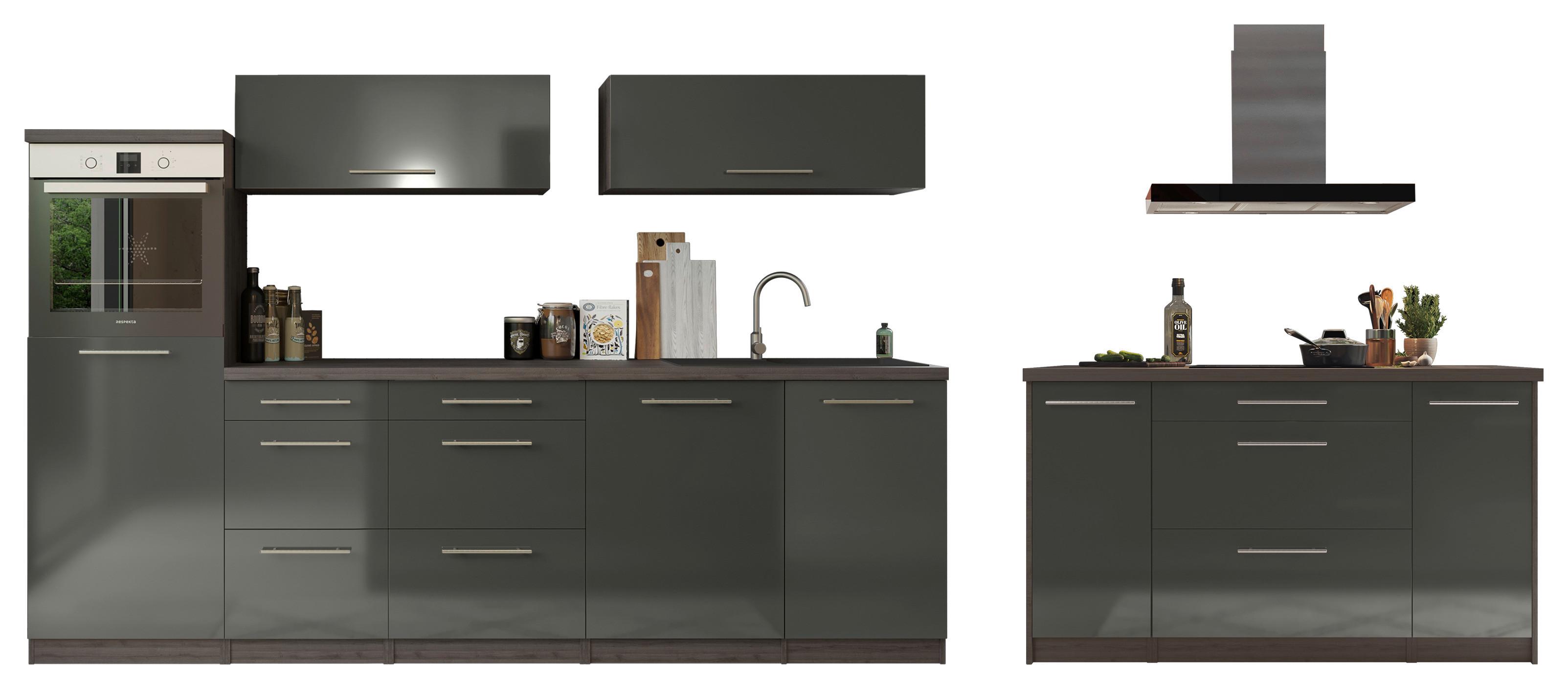Inselküche Premium Grau m. Geräten B: ca. 280 cm - Eichefarben/Grau, Basics, Holzwerkstoff/Metall (280/160cm) - Respekta
