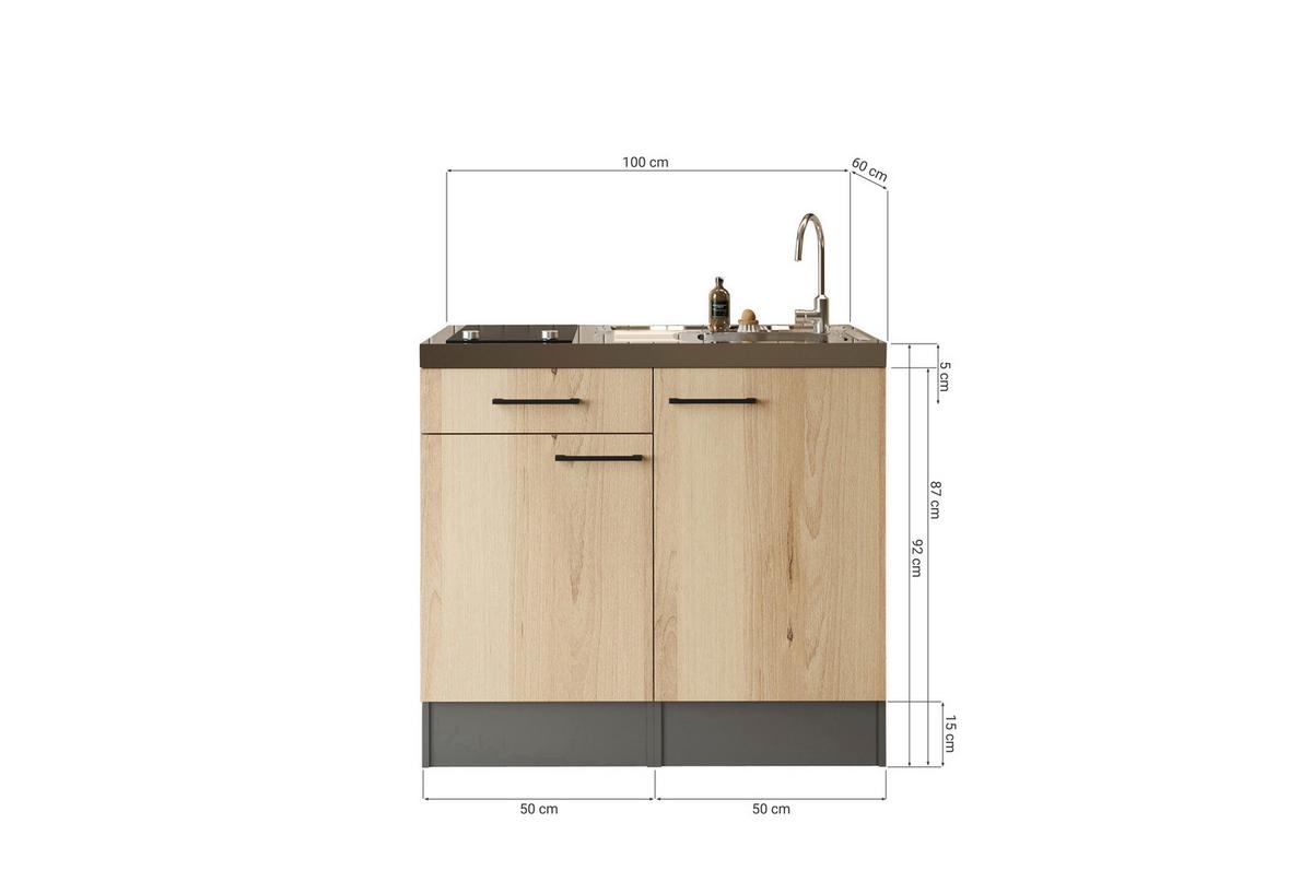 Miniküche Oliver m. Gerät ca. 100cm Grau - Schwarz/Grau, Trend, Holzwerkstoff/Metall (100cm) - Respekta
