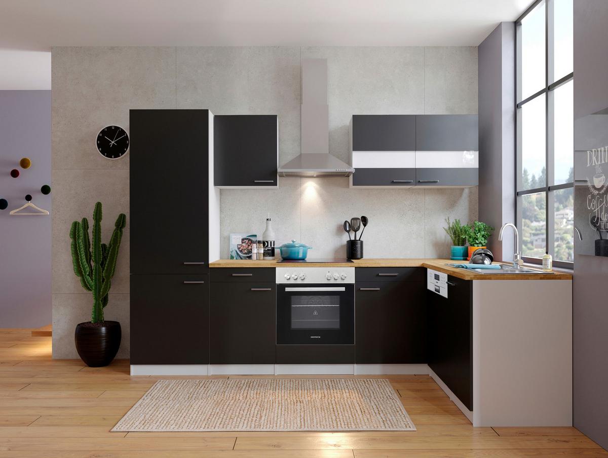 Eckküche Malia mit Geräten ca. 280x172 cm Schwarz - Edelstahlfarben/Nussbaumfarben, Basics, Holzwerkstoff/Metall (280/172cm) - Respekta