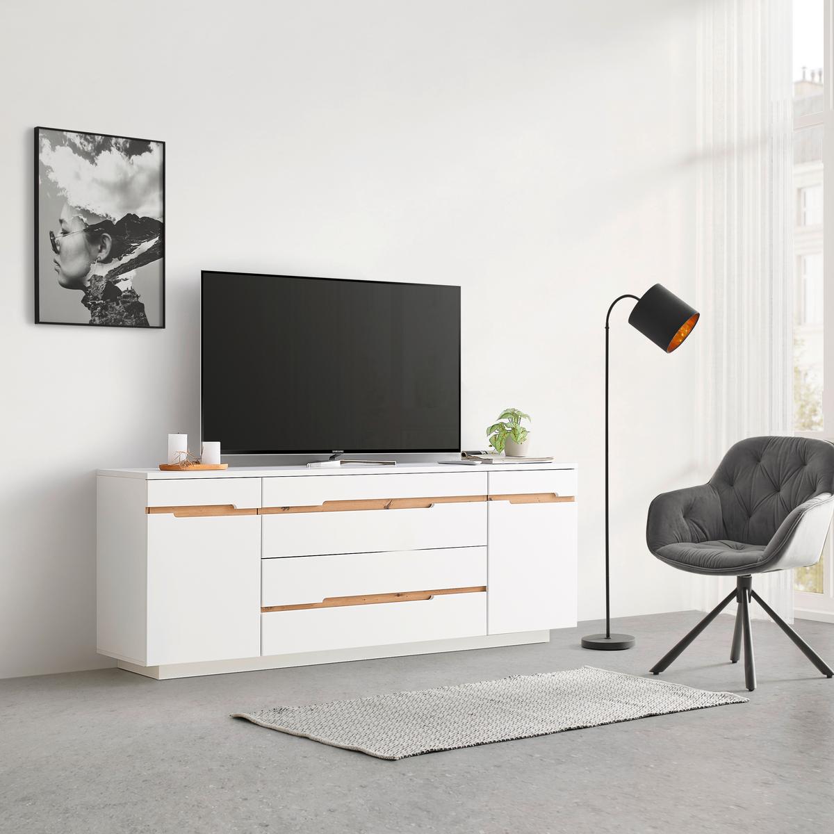 Élément TV Dallas Weiss/Eiche Artisan - chêne artisan/noir, Modern, matériau de bois (190/73/44cm) - Premium Living