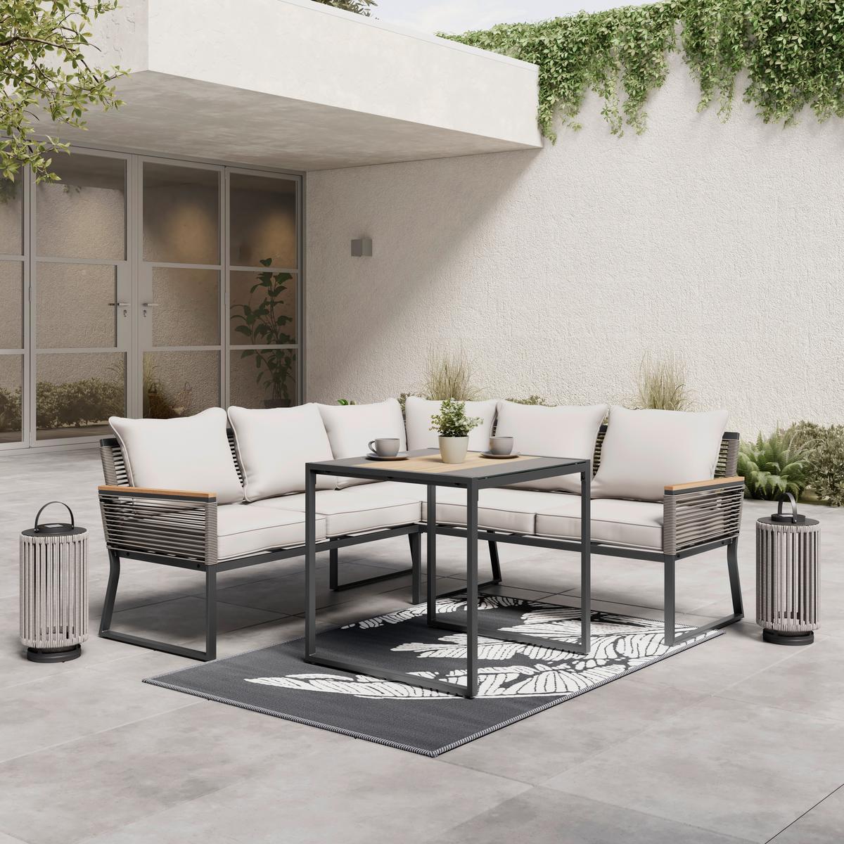 Dining-Loungeset Sonora Grau Outdoorstoff/Metall +Abdeckung - Hellgrau/Schwarz, MODERN, Glas/Kunststoff (181/73/65cm) - Bessagi Garden