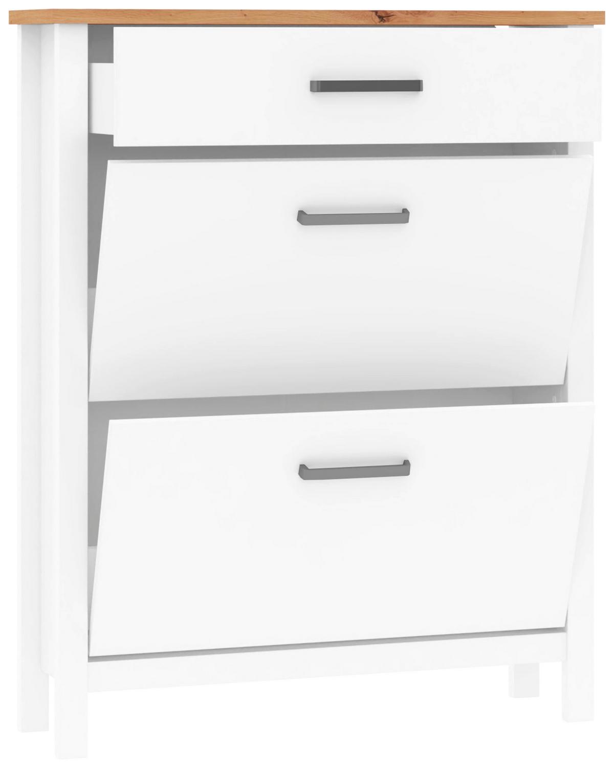 Schuhkipper Sicilia Weiß/Eiche - Silberfarben/Weiß, ROMANTIK / LANDHAUS, Holzwerkstoff/Metall (103/129/45cm) - Mömax