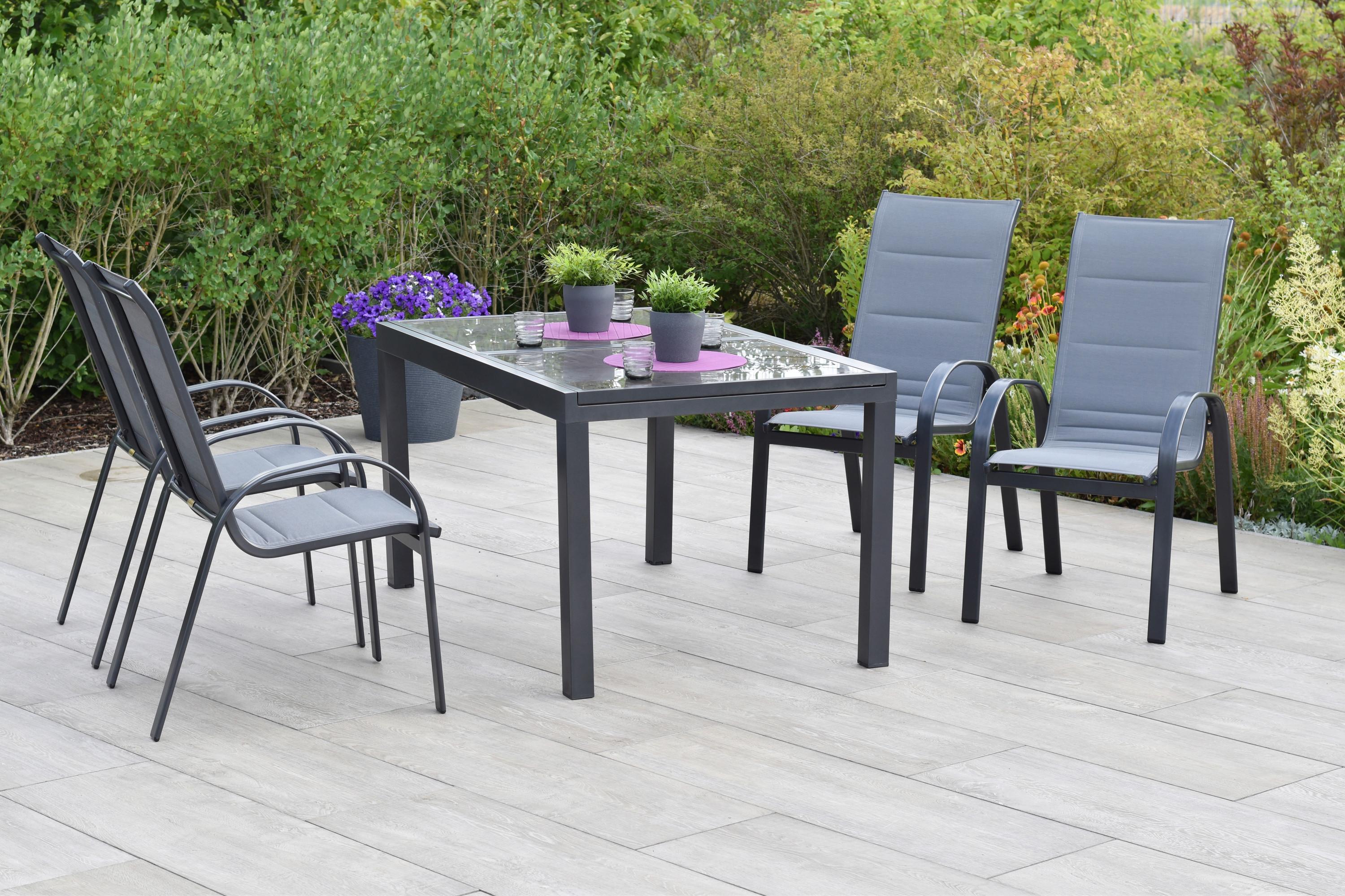 Gartentischgruppe Amalfi 5-tlg. Graphitfarben - Graphitfarben/Braun, KONVENTIONELL, Glas/Textil - Gardenson