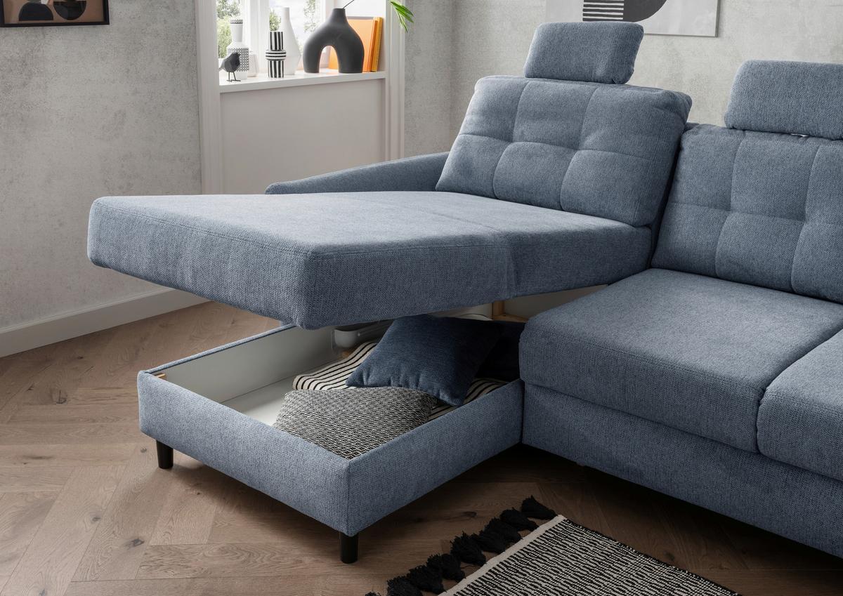 Wohnlandschaft Brizzini Hellblau Chenille - Blau/Schwarz, MODERN, Holz/Textil (176/250-280cm) - Livetastic
