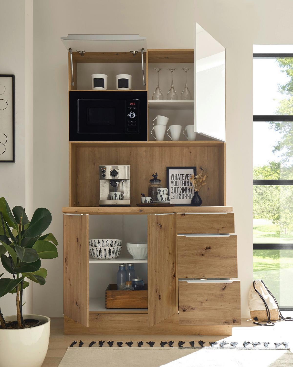 Miniküche Marleen mit Mikrowelle Eiche B: ca. 120 cm - Weiß Hochglanz/Alufarben, LIFESTYLE, Holzwerkstoff/Kunststoff (120/211/60cm) - Respekta