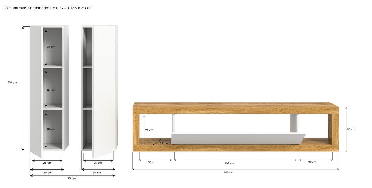 Ansamblu mobilier camera de zi TANGO - alb/stejar Wotan, Design, material pe bază de lemn (270/135/30cm) - Modern Living