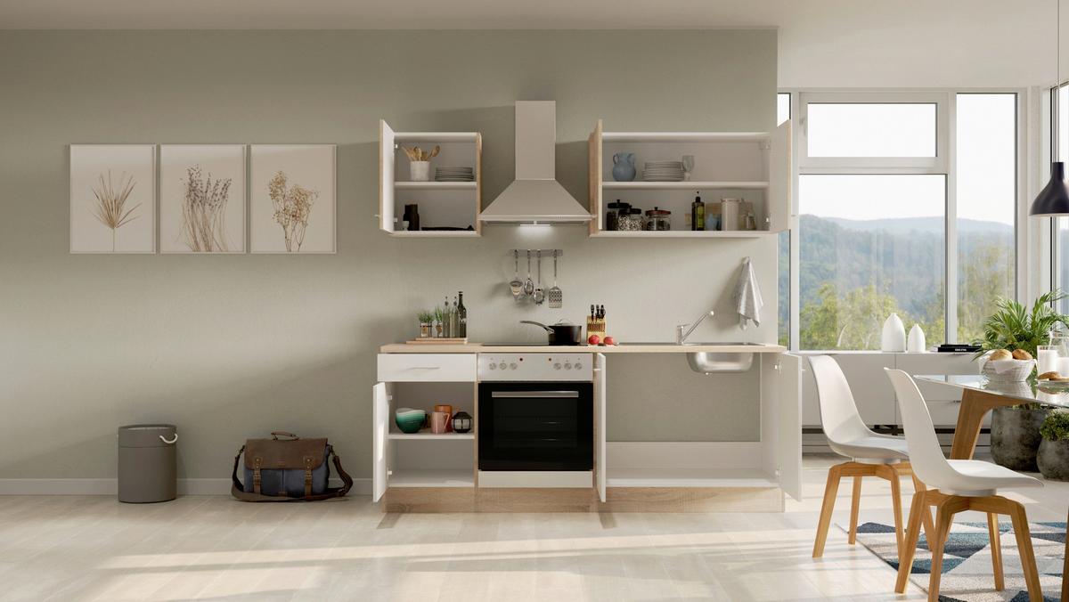 Kuhinjski Blok Z Aparati Samoa, Bela, Barva Hrasta - bela/barve aluminija, Moderno, umetna masa/leseni material (210cm) - FlexWell