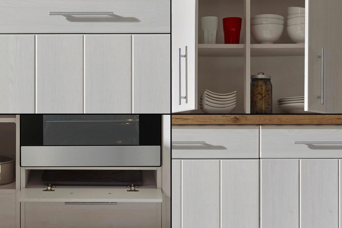 Küchenblock Anton Landhaus ohne Geräte ca. 310 cm Weiß - Wildeiche/Edelstahlfarben, Basics, Holzwerkstoff/Metall (310cm) - Respekta