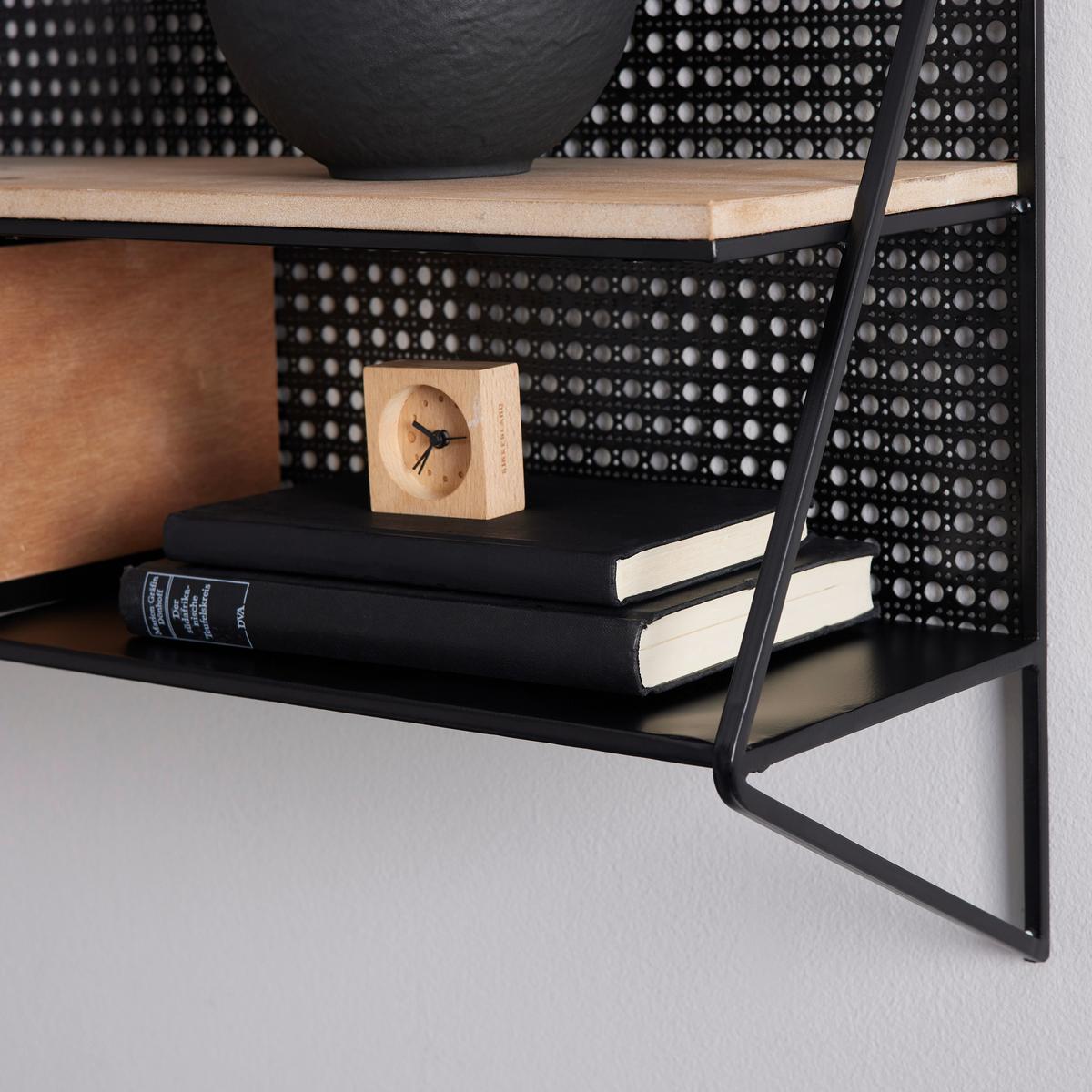 Wandregal Lelia Natur/Schwarz Echtholz/MDF - Schwarz/Naturfarben, MODERN, Holz/Metall (60/43/20cm) - Bessagi Home