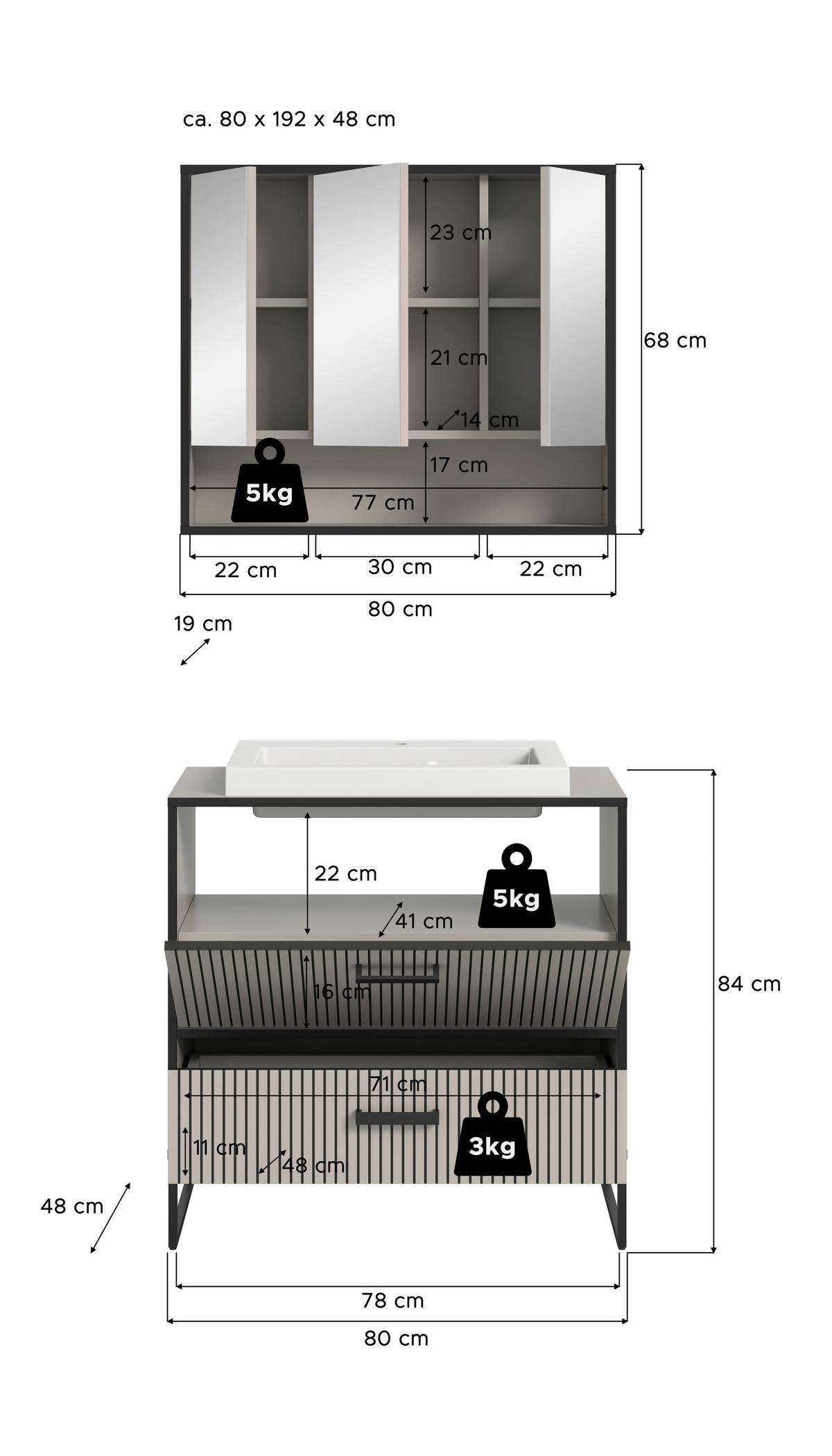 Badezimmer BAGNO 2-teilig ca.80 cm Kaschmir - Kaschmir/Schwarz, MODERN, Holzwerkstoff/Metall (80cm) - MID.YOU