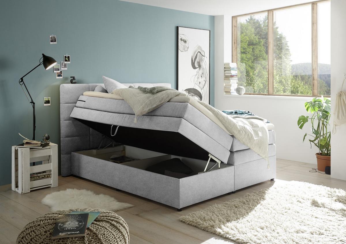Boxspringbett Tacoma 3 inkl. Topper ca. 180x200 cm Silberf. - Silberfarben, KONVENTIONELL, Kunststoff/Textil (180/200cm) - MID.YOU
