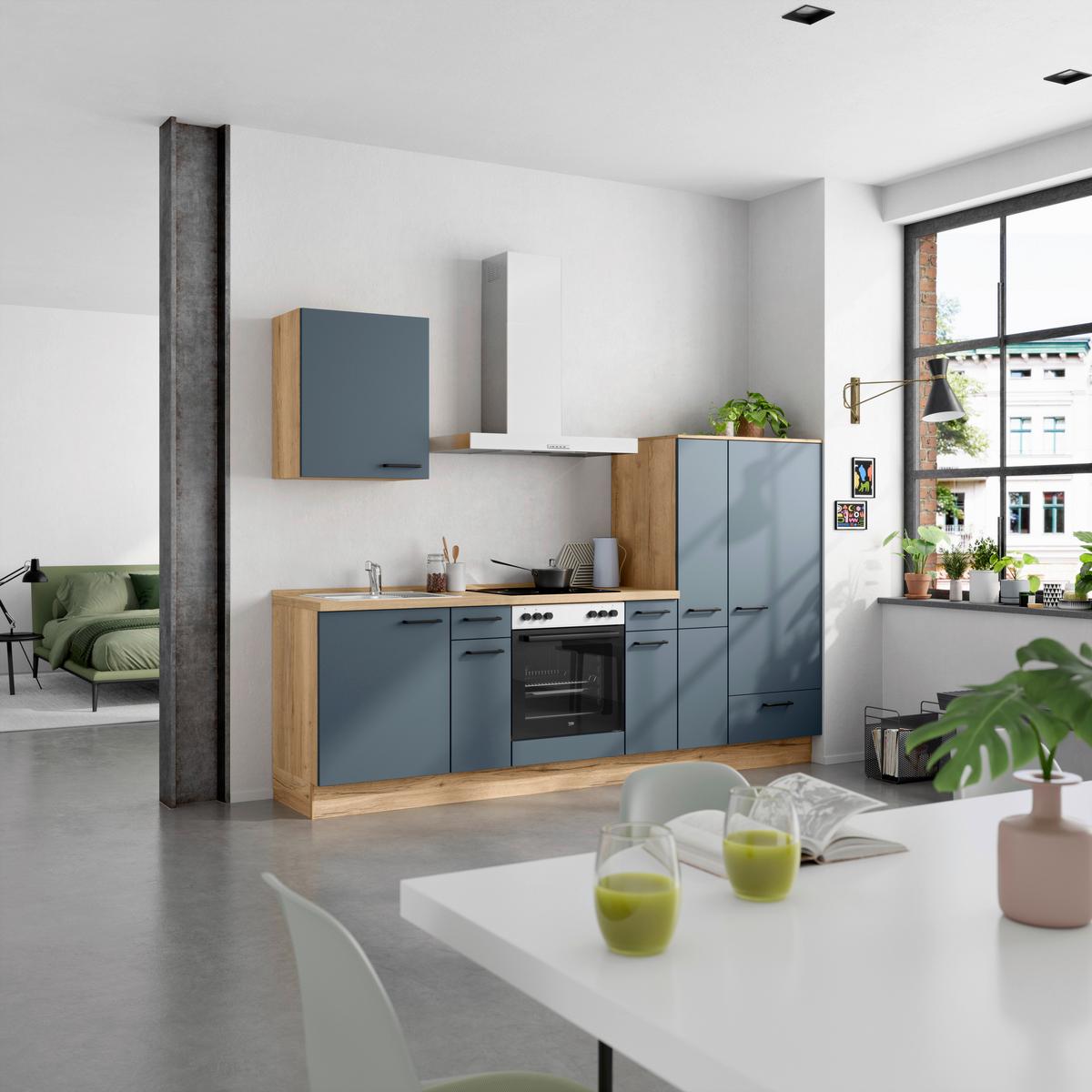 Küchenblock Easytouch Low m. Geräten Blau - Blau/Eichefarben, MODERN, Holzwerkstoff/Metall (270cm) - Nobilia
