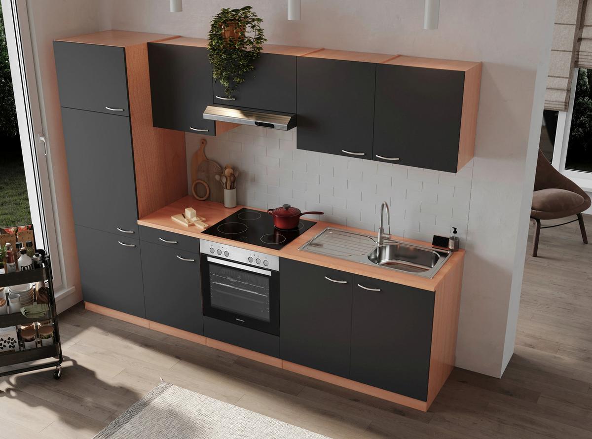 Küchenblock Gerda mit Geräten ca. 270 cm Grau - Buchefarben/Alufarben, Basics, Holzwerkstoff/Kunststoff (270cm) - Respekta