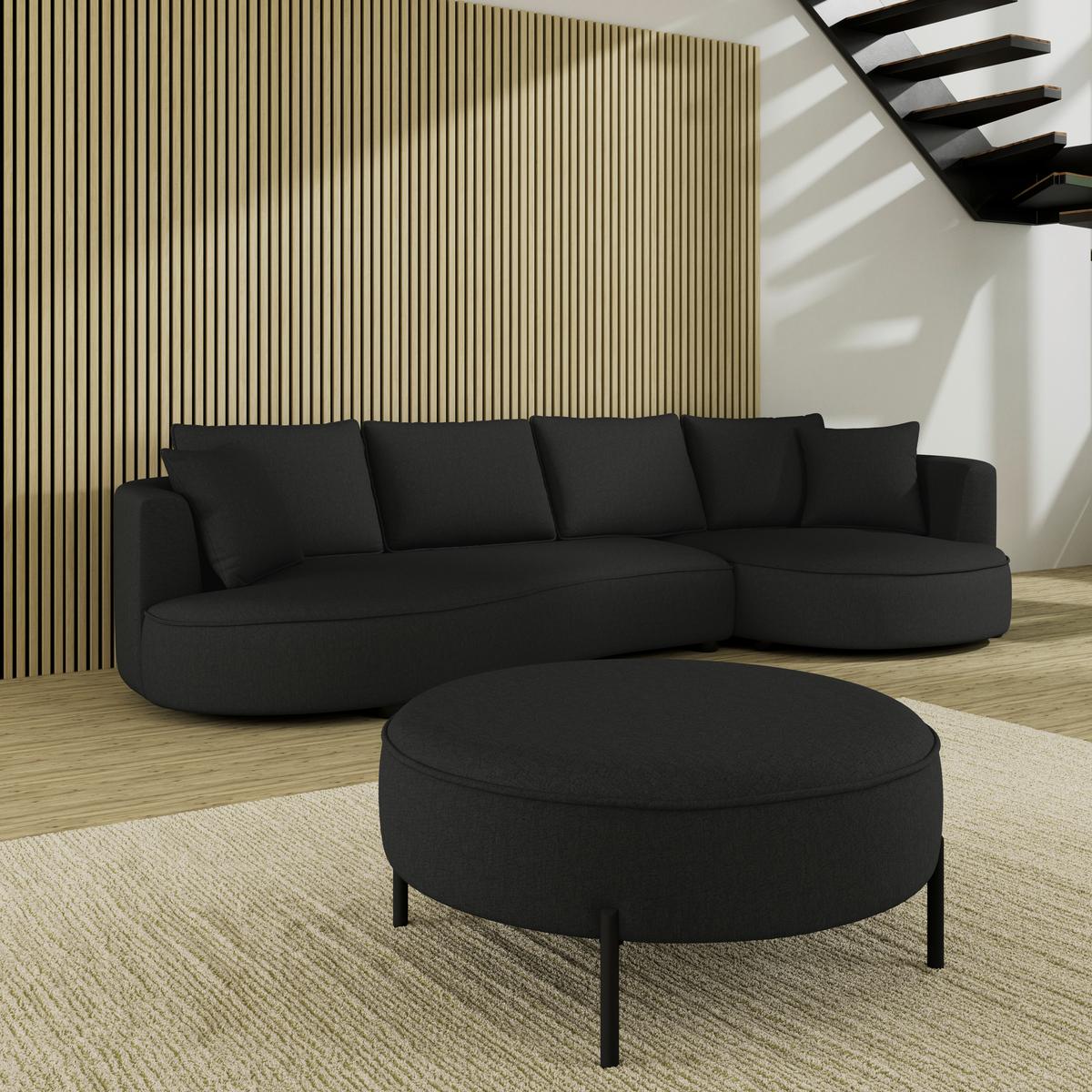 Wohnlandschaft Nilas Schwarz Chenille mit Hocker - Schwarz, MODERN, Holz/Textil (322/80/154cm) - Bessagi Home