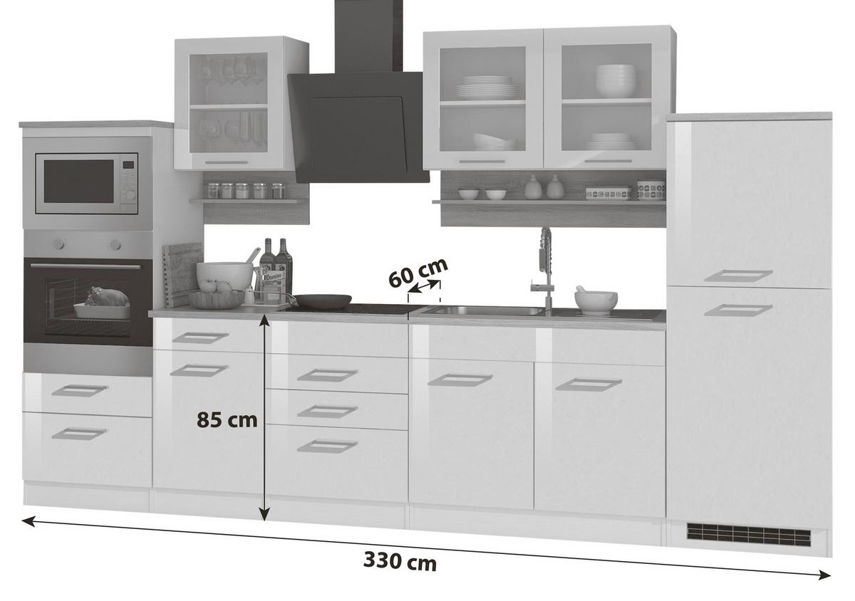 Küchenblock in Weiss inkl. E-Geräte 'Mailand' - Chromfarben/Weiß Hochglanz, MODERN, Holzwerkstoff/Metall (330cm) - Held