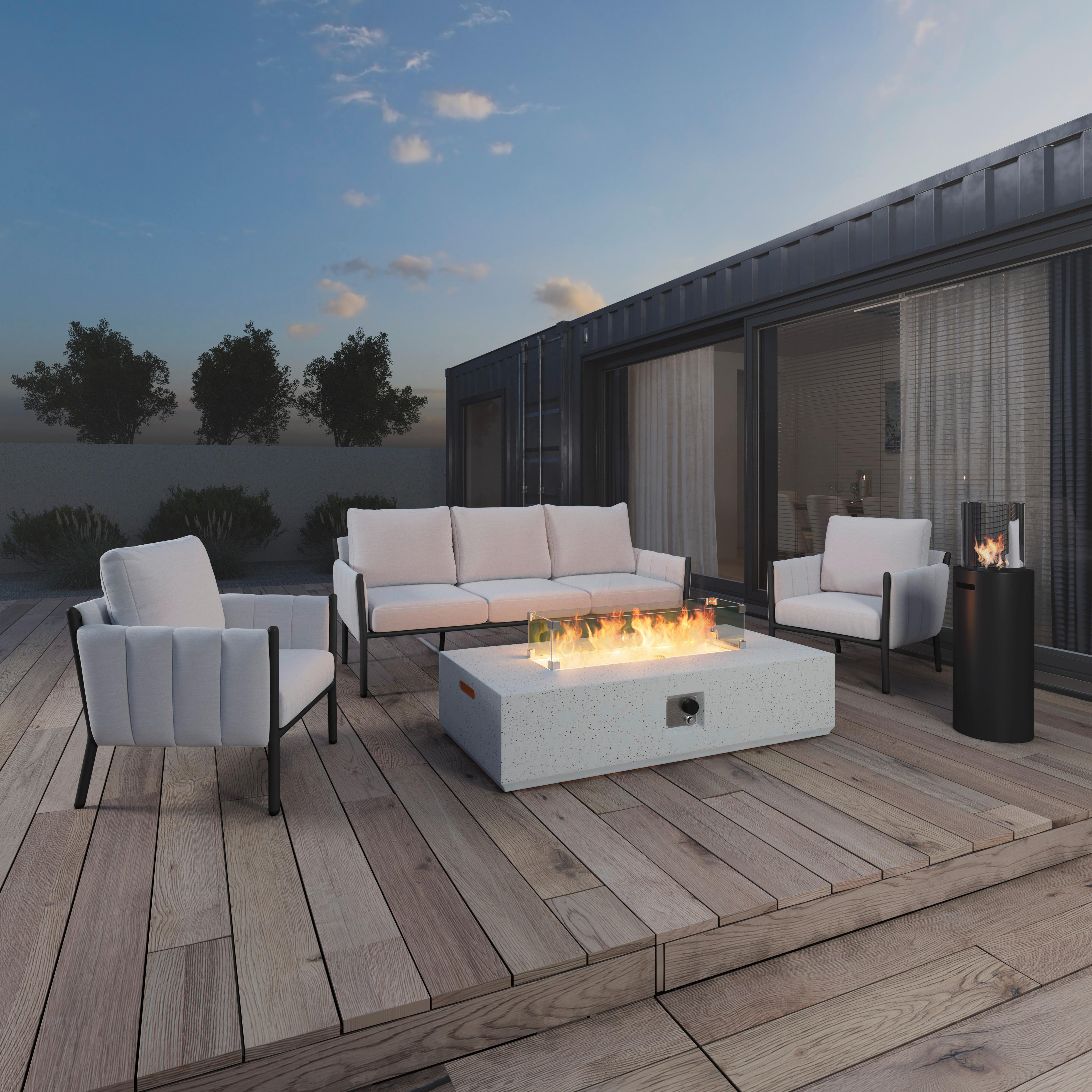 Loungegarnitur Annalotta mit Gaskamintisch +Abdeckung - Creme/Weiß, MODERN, Glas/Textil (200,5/71,5/80,5cm) - Bessagi Garden