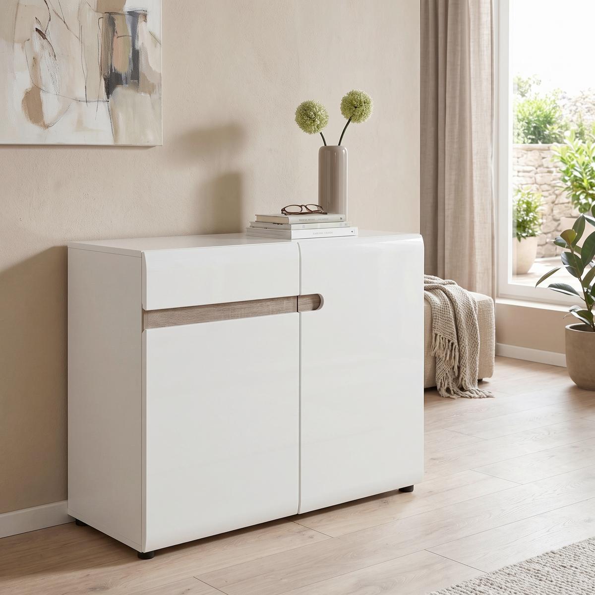 Comodă Linate - culoare lemn stejar pufos/alb lucios intens, Modern, material pe bază de lemn (109,4/86,5/41,9cm) - Modern Living
