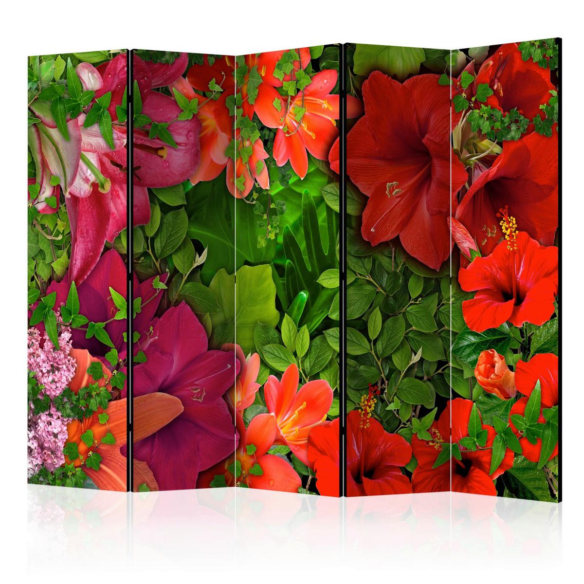 Paravan Lilac Serenade I, Dvostranski, 5-Delni - zelena/svetlo rdeča, Basics, tekstil/les (225/172/3cm) - artgeist