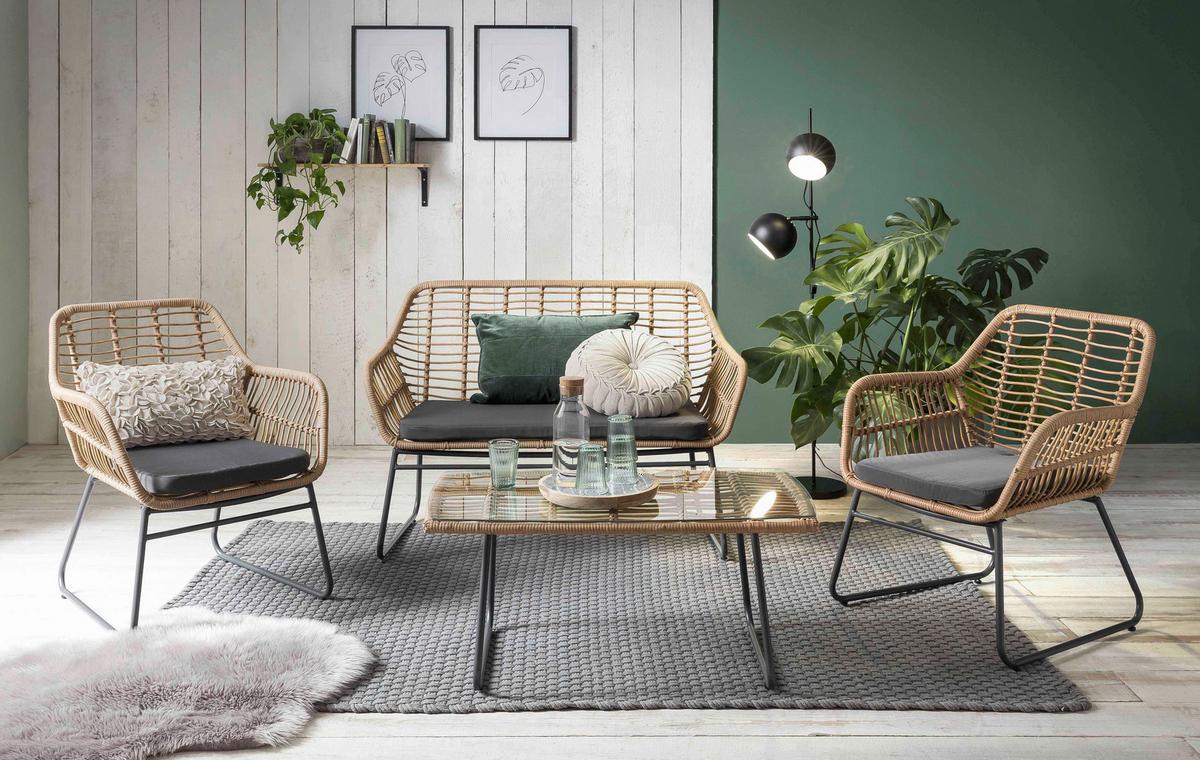 Gartenset 4-tlg. Naturfarben/Grau/Schwarz - Klar/Schwarz, Design, Glas/Kunststoff - Gardenson