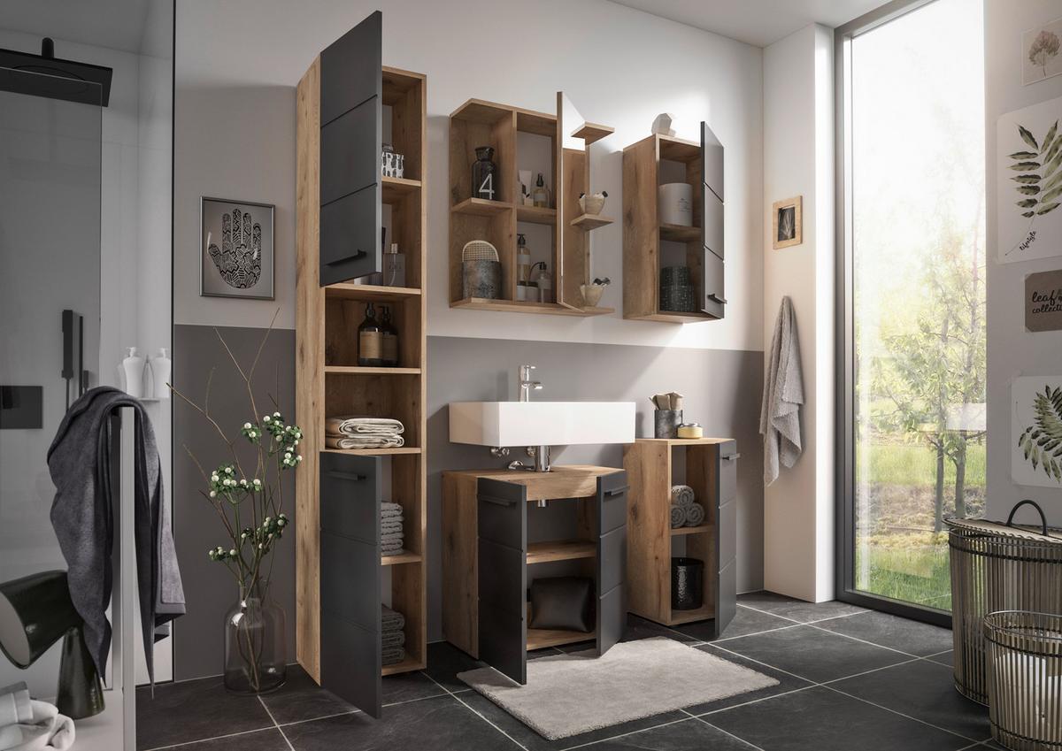 SZAFKA POD UMYWALKĘ VISTA - kolor dębowy/czarny, Basics, materiał drewnopochodny/tworzywo sztuczne (60/62/31cm) - MID.YOU