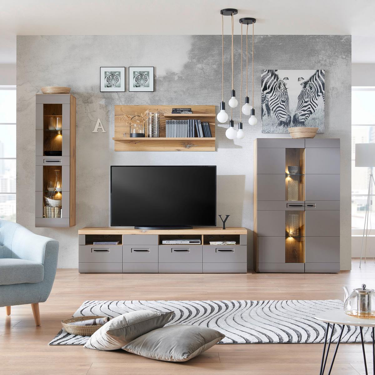 Viseča Vitrina Auris, Siva, Barva Hrasta - siva, Moderno, umetna masa/steklo (40,3/153,4/37,1cm) - Mömax