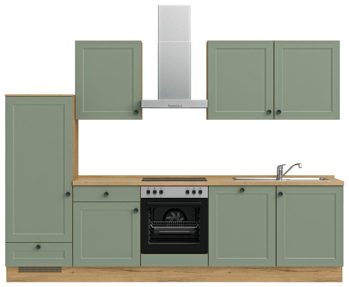 Küchenblock Cascada Low m. Geräten Schilfgrün - Schilfgrün/Eichefarben, MODERN, Holzwerkstoff/Metall (300cm) - Nobilia