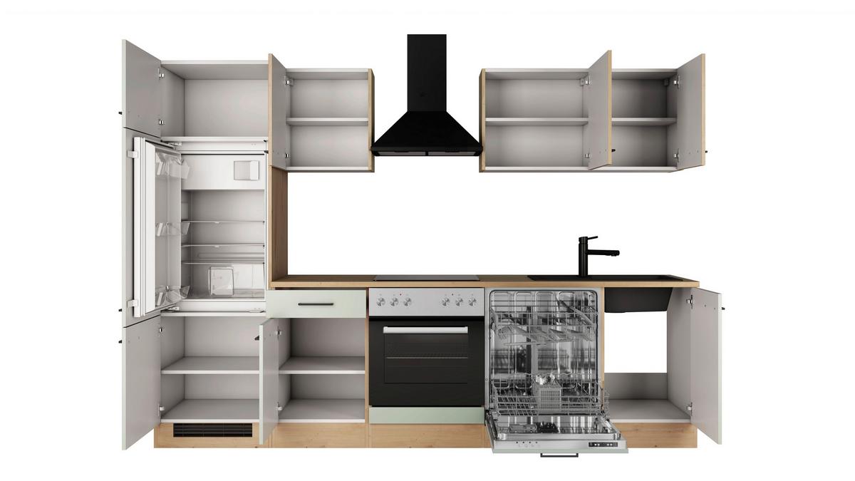 Küchenblock Cara m. Geräten Schilfgrün - Schilfgrün/Schwarz, Trend, Holzwerkstoff/Metall (280cm) - FlexWell