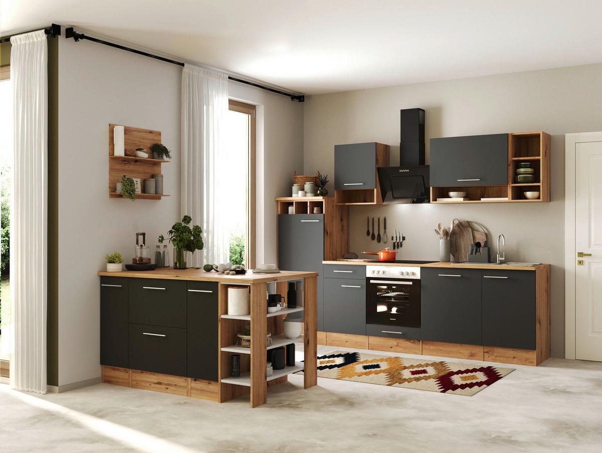 Küchenblock Hilde m. Insel m. Geräten ca.280cm Grau/Eiche - Wildeiche/Grau, Design, Holzwerkstoff/Metall (280-150cm) - Respekta