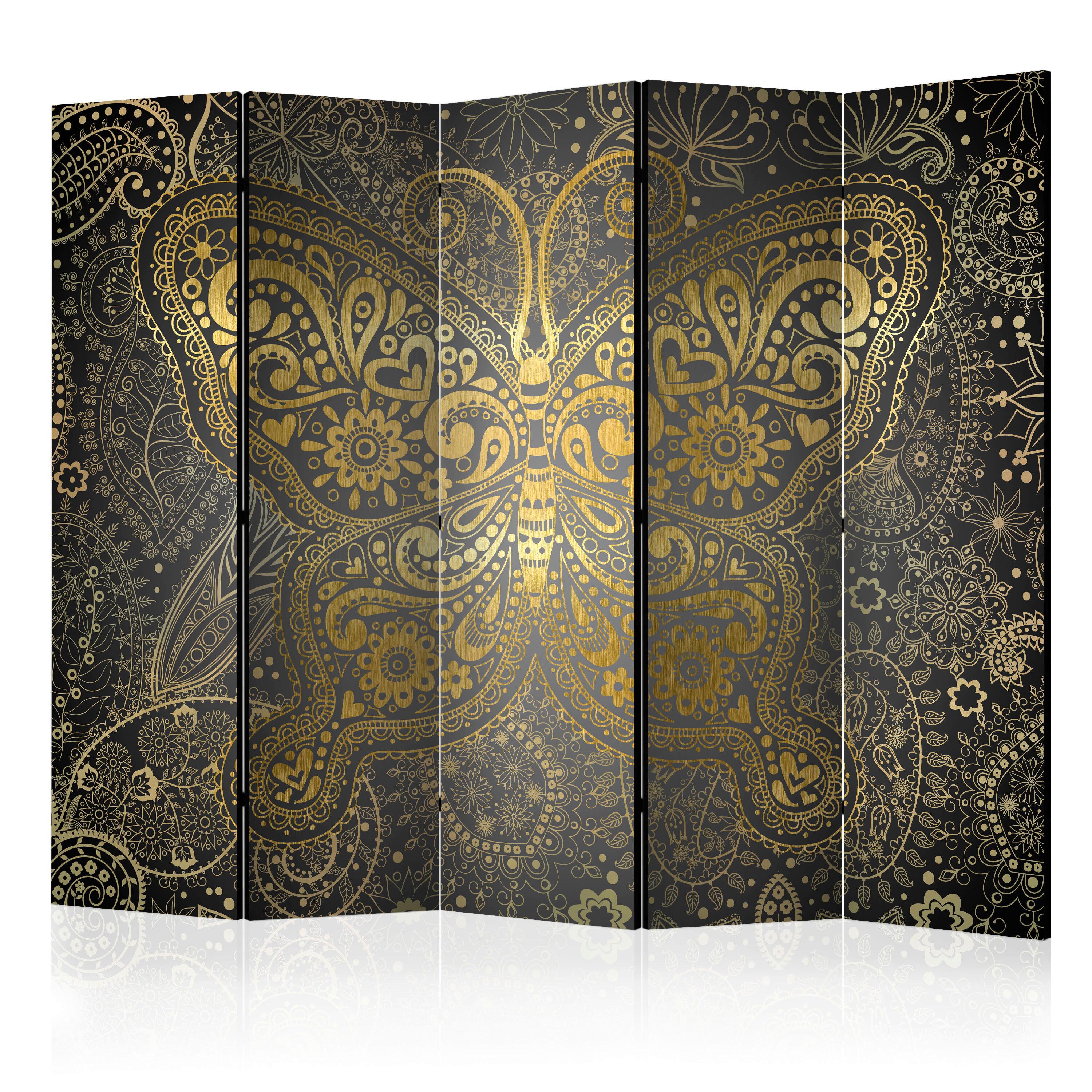 Paravan Golden Butterfly I, 5-Delni, Dvostranski - mocha rjava/barve karija, Basics, tekstil/les (225/172/3cm) - artgeist