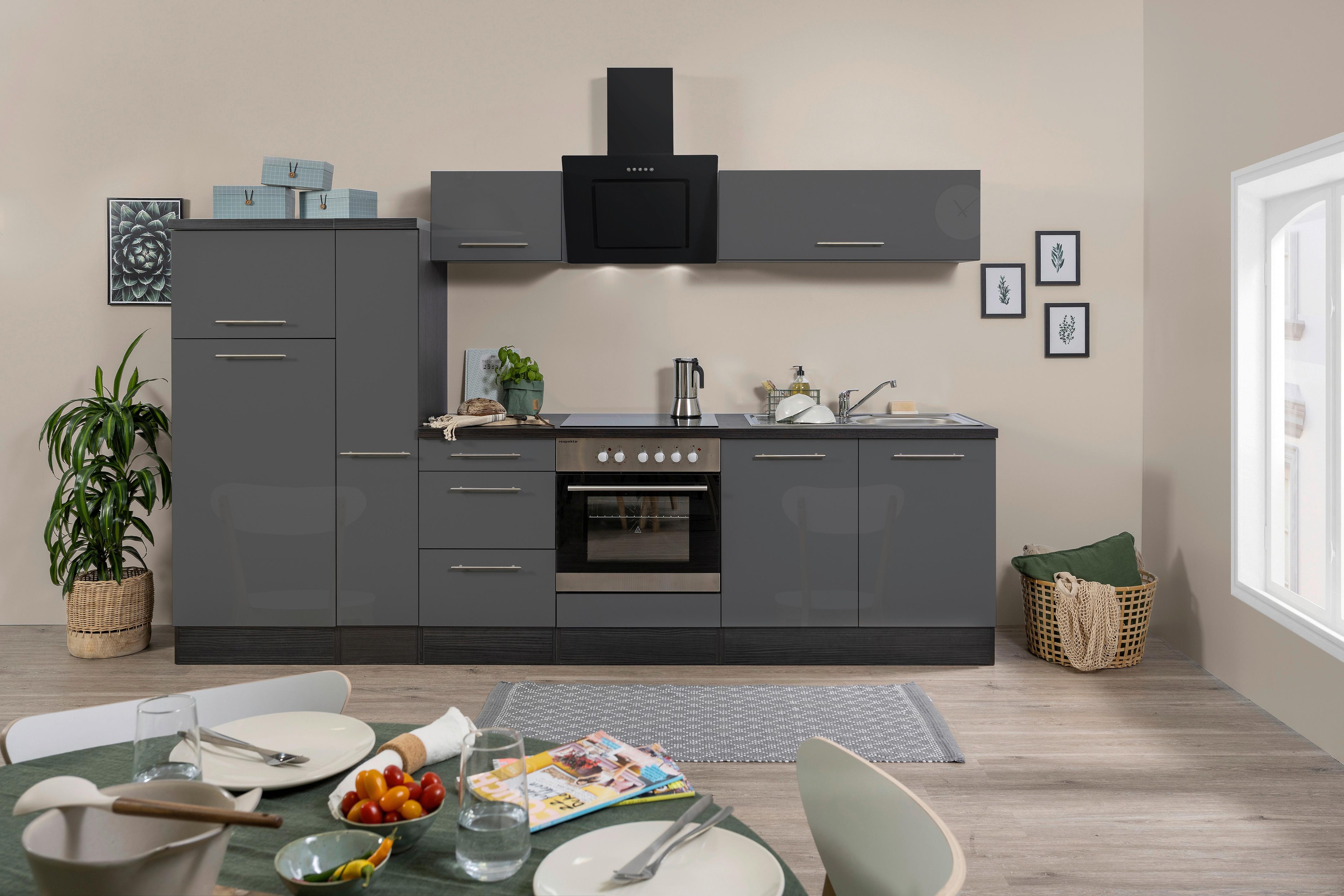 Küchenzeile mit Geräte Grau B: ca. 300 cm - Edelstahlfarben/Eichefarben, Basics, Holzwerkstoff/Metall (300cm) - Respekta