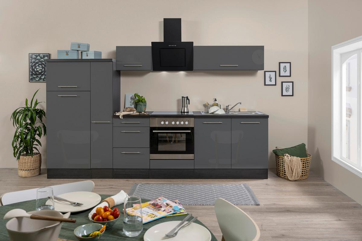 Küchenzeile mit Geräte Grau B: ca. 300 cm - Edelstahlfarben/Eichefarben, Basics, Holzwerkstoff/Metall (300cm) - Respekta