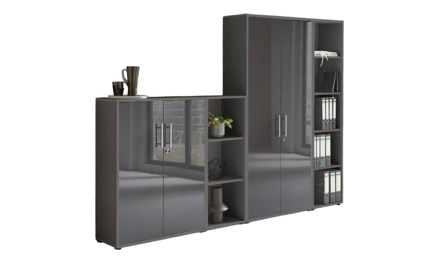AKTENSCHRANK OFFICE EDITION - SW SET 4 - Anthrazit/Anthrazit Hochglanz, MODERN, Holzwerkstoff (128,5/185,6/33cm) - MID.YOU