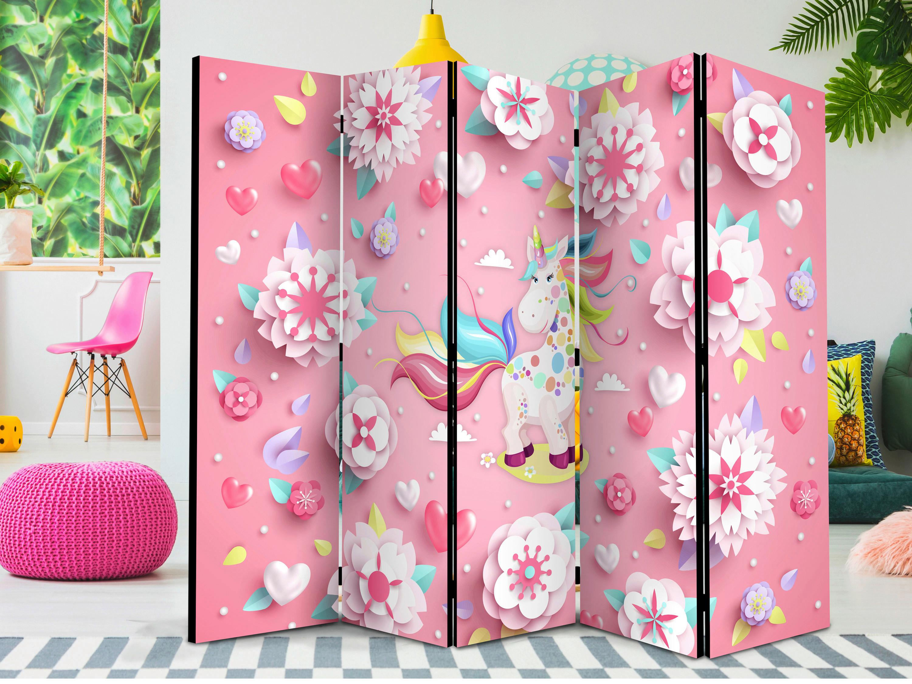 Paravan Unicorn On Flowerbed I, 5-Delni, Dvostranski - pink/večbarvno, Basics, tekstil/les (225/172/3cm) - artgeist