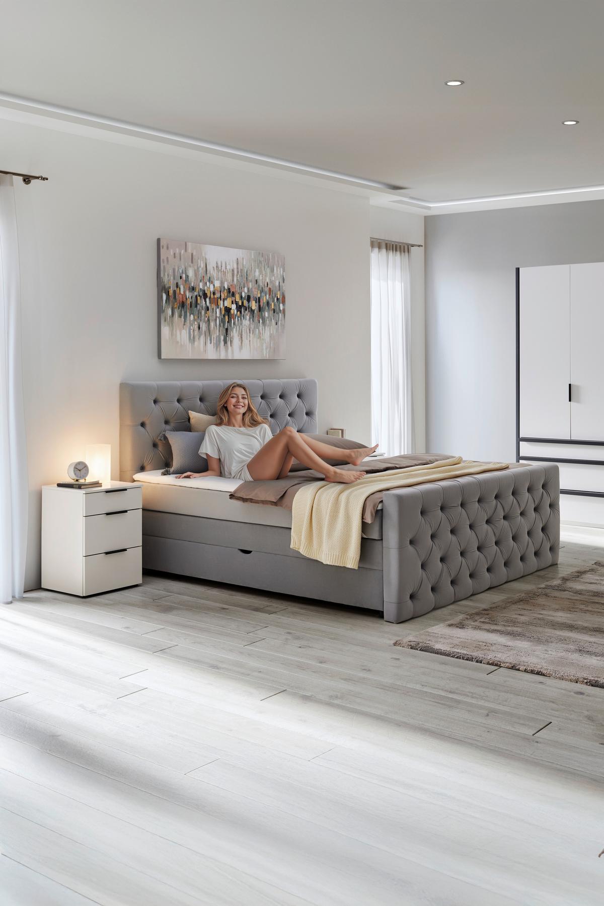 Boxspring Krevet Chess Exkluziv Top - srebrne boje/crna, Konvencionalno, tekstil/plastika (160/200cm) - Premium Living