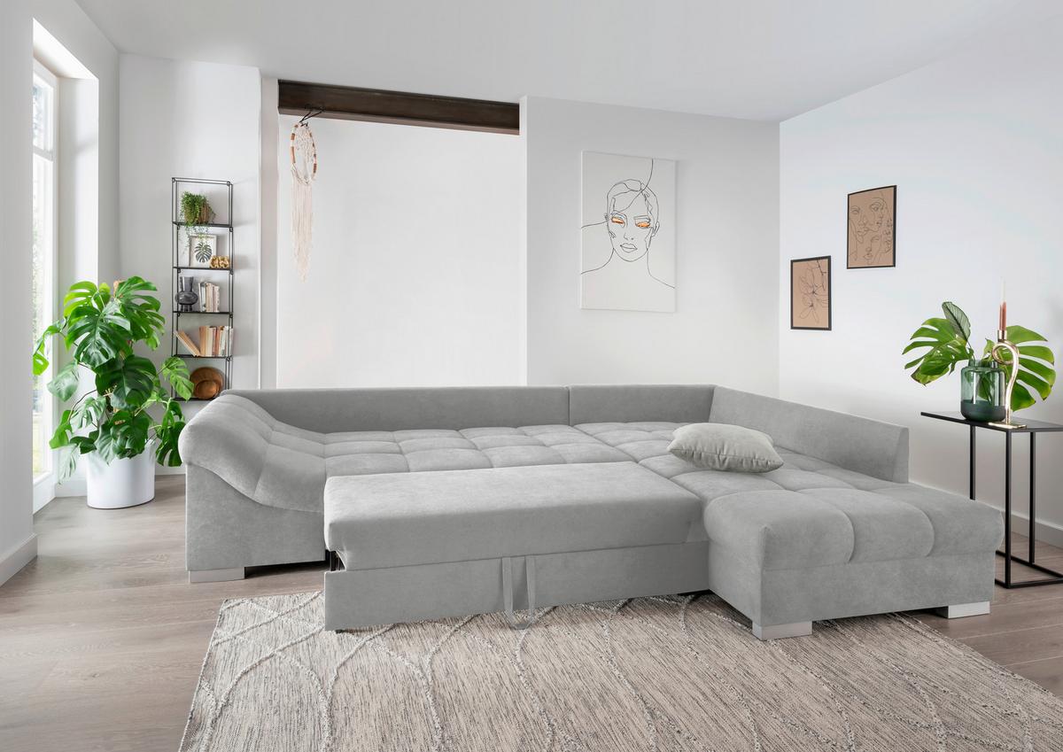 Wohnlandschaft Alvito Hellgrau Nylon/Mikrofaser - Silberfarben/Hellgrau, Design, Holz/Textil (298/202cm) - MID.YOU