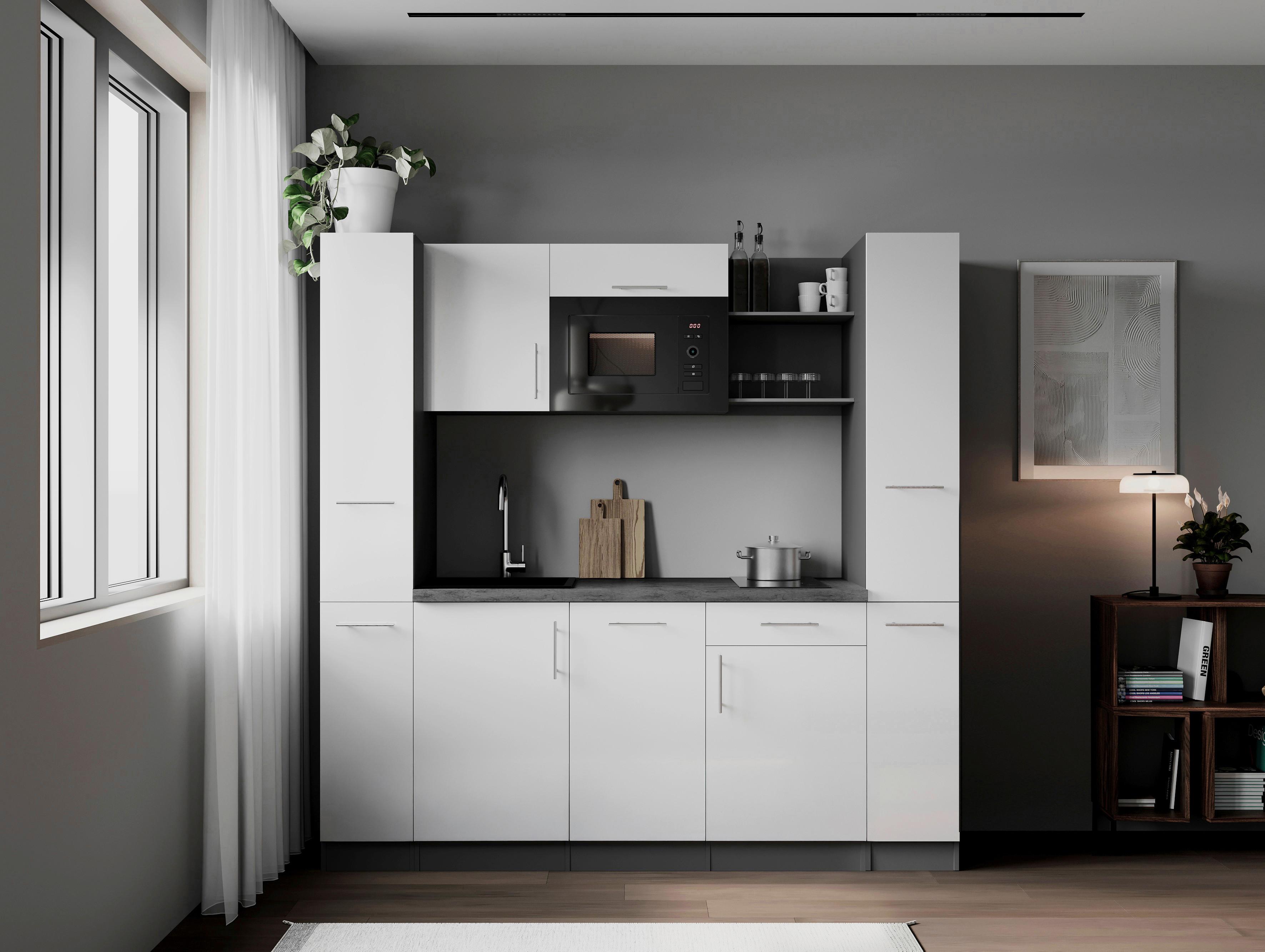 Küchenblock Oliver m. Geräten Weiß - Weiß/Grau, Trend, Holzwerkstoff/Metall (205cm) - Respekta