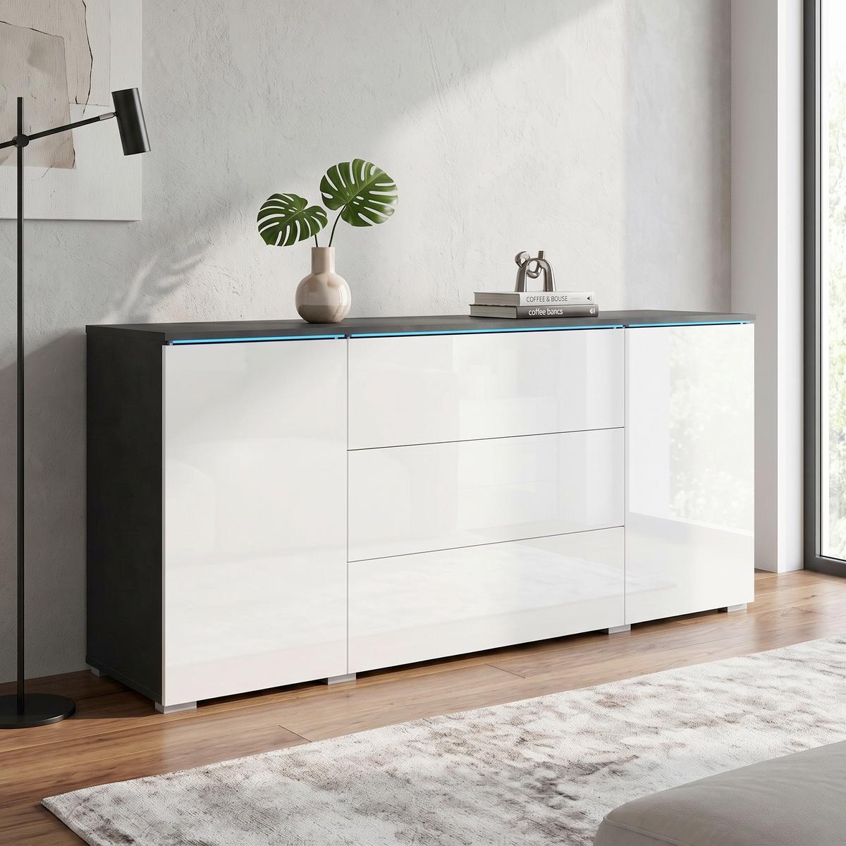 Sideboard Vera mit LED ca. 150 cm Anthrazit/Weiß - Weiß Hochglanz/Anthrazit, Basics, Holzwerkstoff/Kunststoff (150/67,9/39,5cm) - P & B