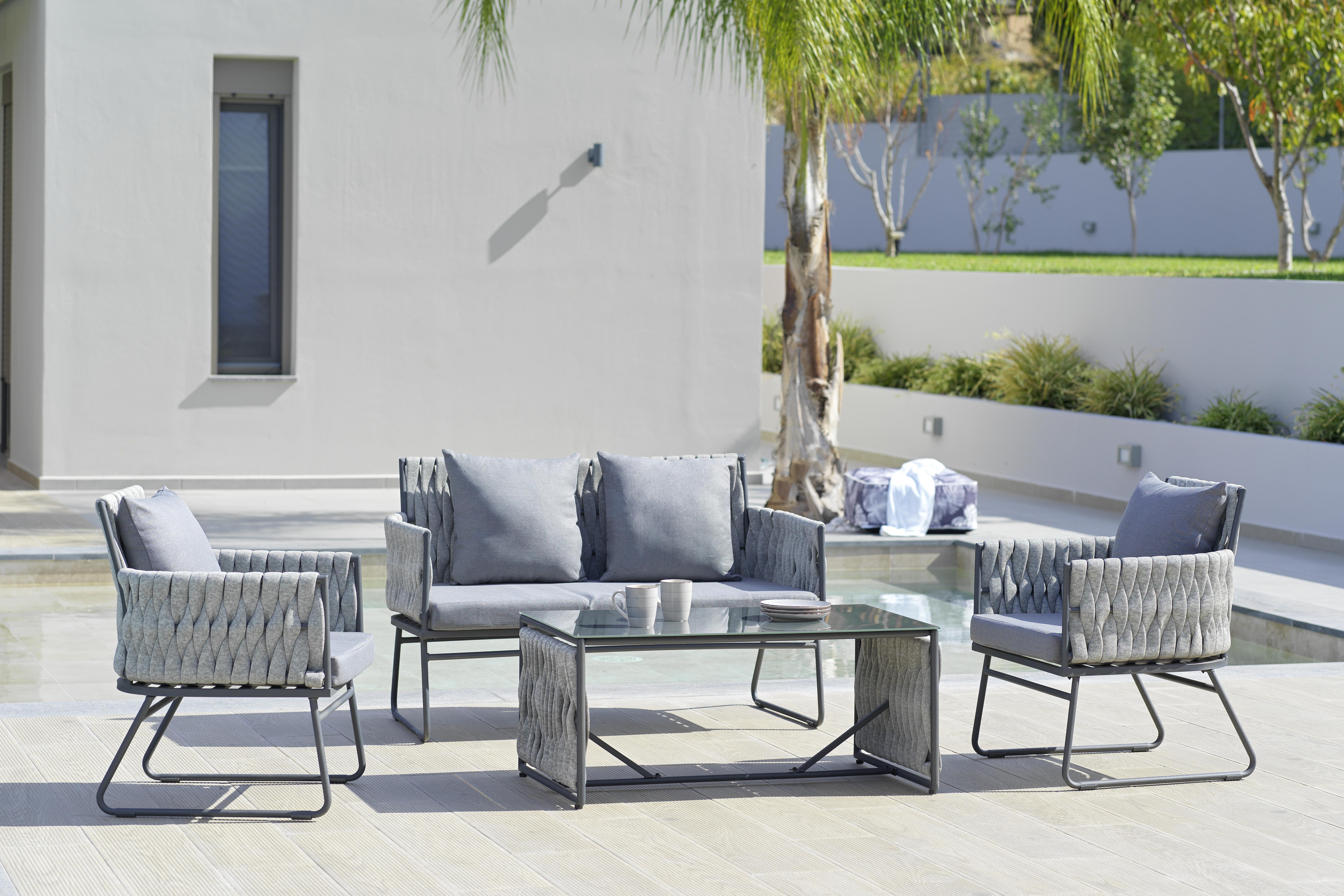 Gartenlounge "Maxima", 4-teilig, Textilgeflecht - Grau, Modern, Glas/Textil - Bessagi Garden