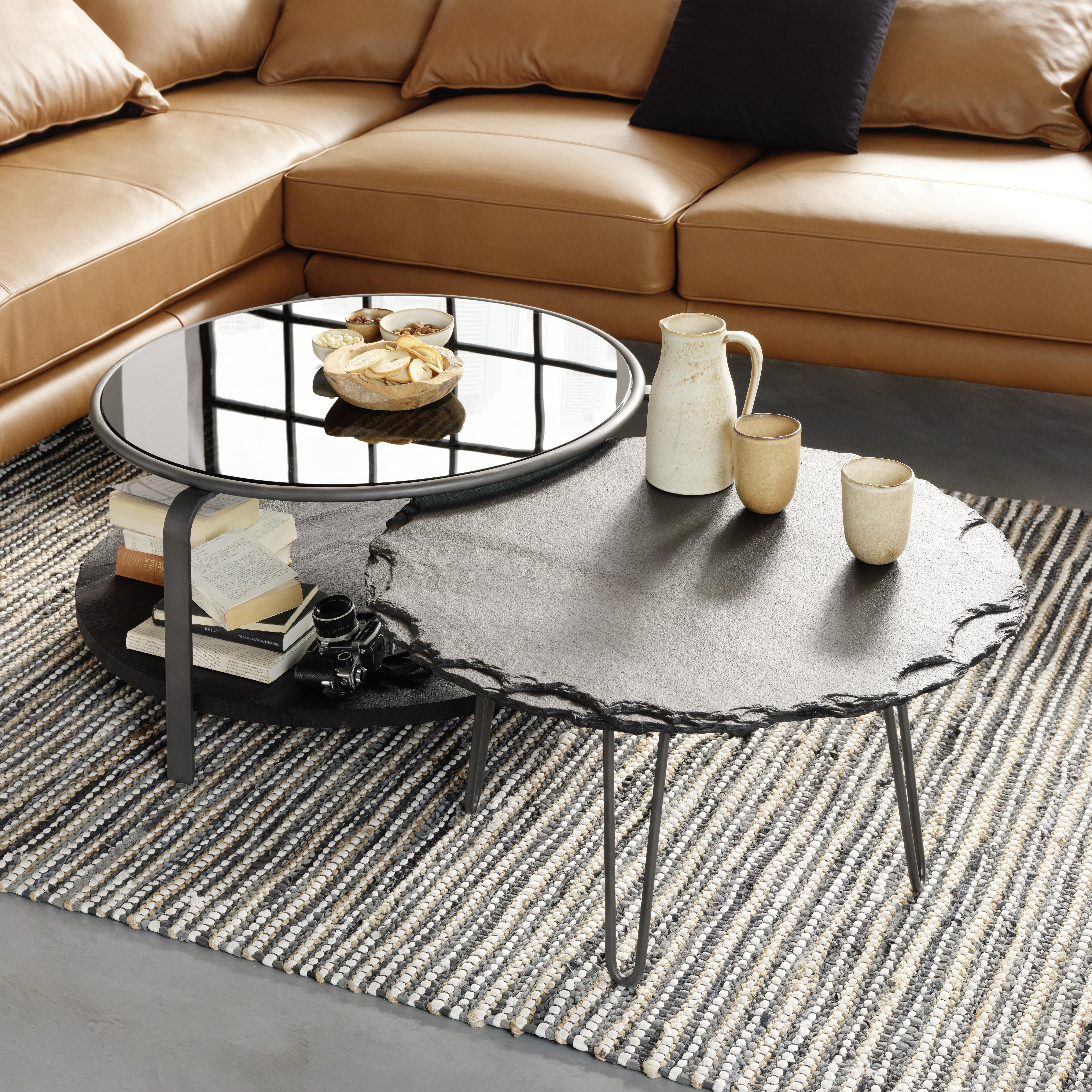 Couchtisch aus Mangoholz Ø ca. 86cm - Anthrazit/Schwarz, Modern, Glas/Holz (86/86/41cm) - Premium Living
