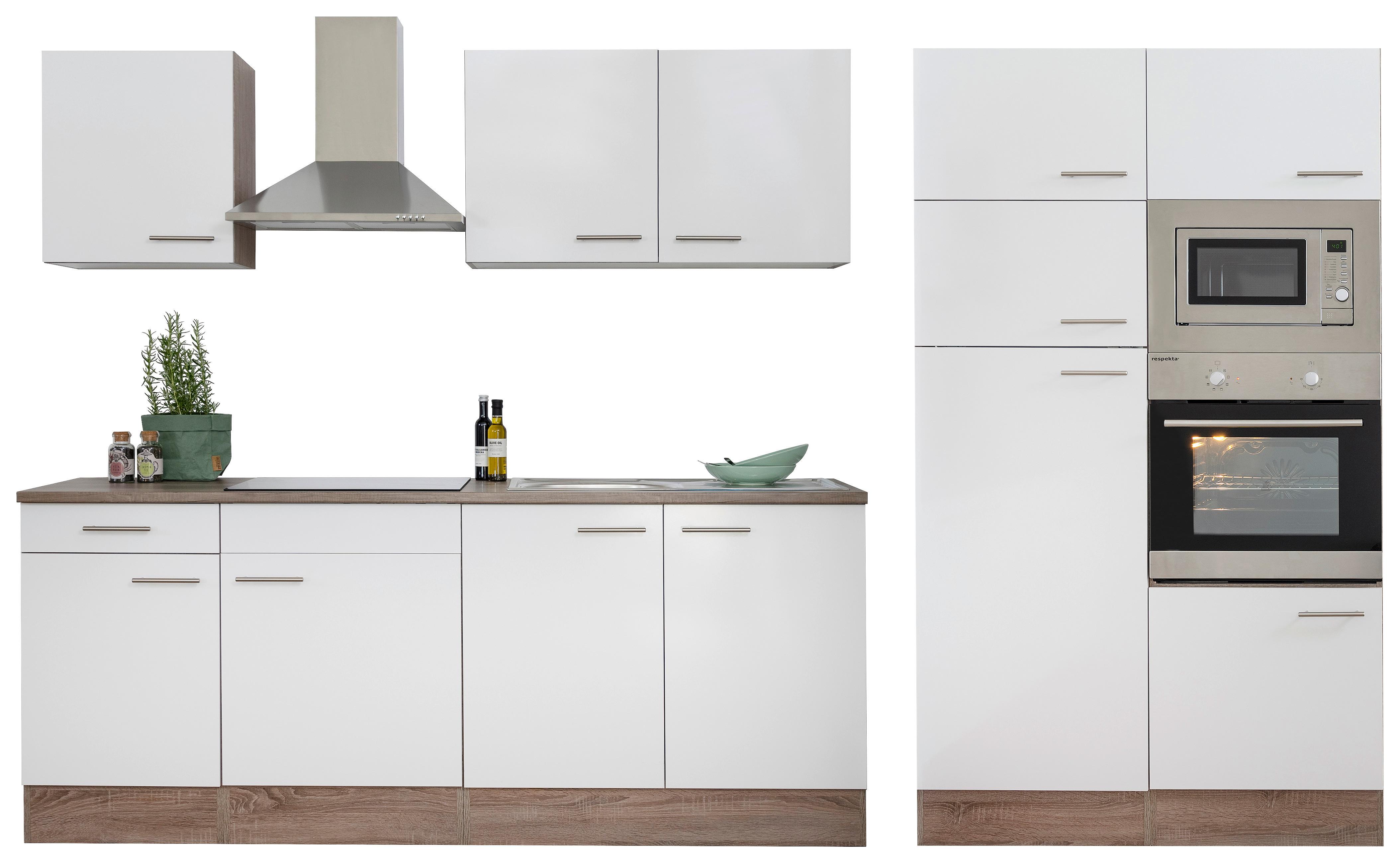 Küchenzeile Economy o. Geräte Weiß/Eiche B: ca. 330 cm - Edelstahlfarben/Eichefarben, Basics, Holzwerkstoff/Metall (330/205/60cm) - Respekta
