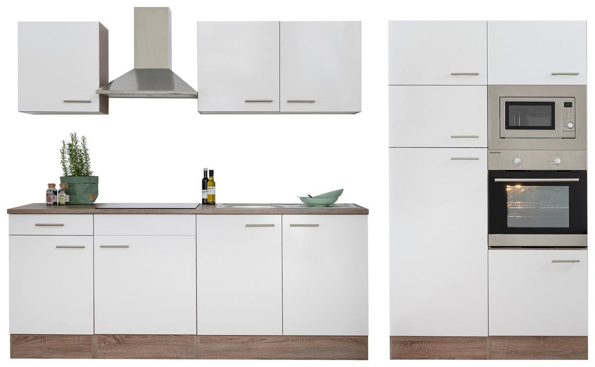 Küchenzeile Economy o. Geräte Weiß/Eiche B: ca. 330 cm - Edelstahlfarben/Eichefarben, Basics, Holzwerkstoff/Metall (330/205/60cm) - Respekta