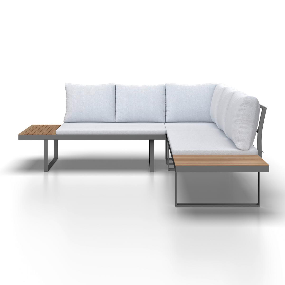 Loungegarnitur Elia Grau Outdoorstoff/Metall/Holz - Hellgrau, MODERN, Holz/Textil (236,5/75/236,5cm) - Bessagi Garden