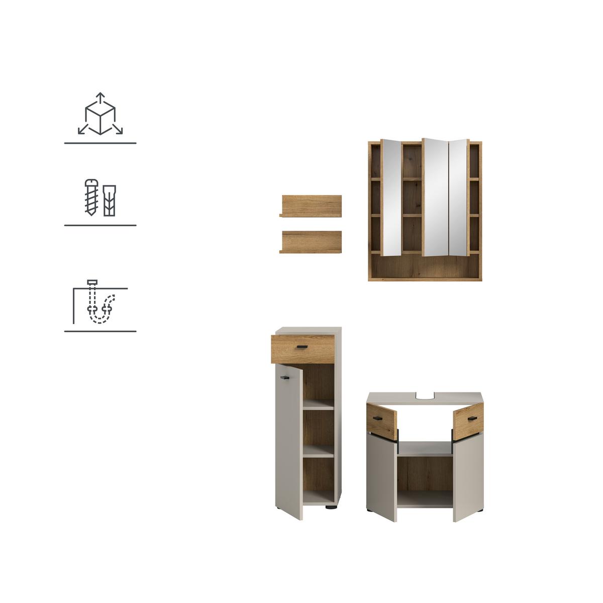 Badezimmer Aqua Eichefarben/Kaschmir 4-teilig - Kaschmir/Eichefarben, Trend, Glas/Holzwerkstoff (92cm) - MID.YOU